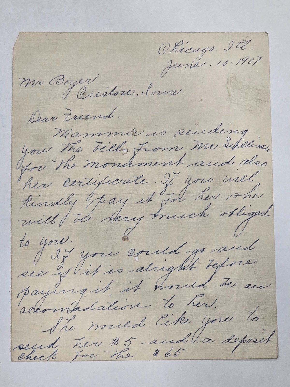 Vintage 1907 Handwritten Letter Chicago Illinois Correspondence Creston Iowa