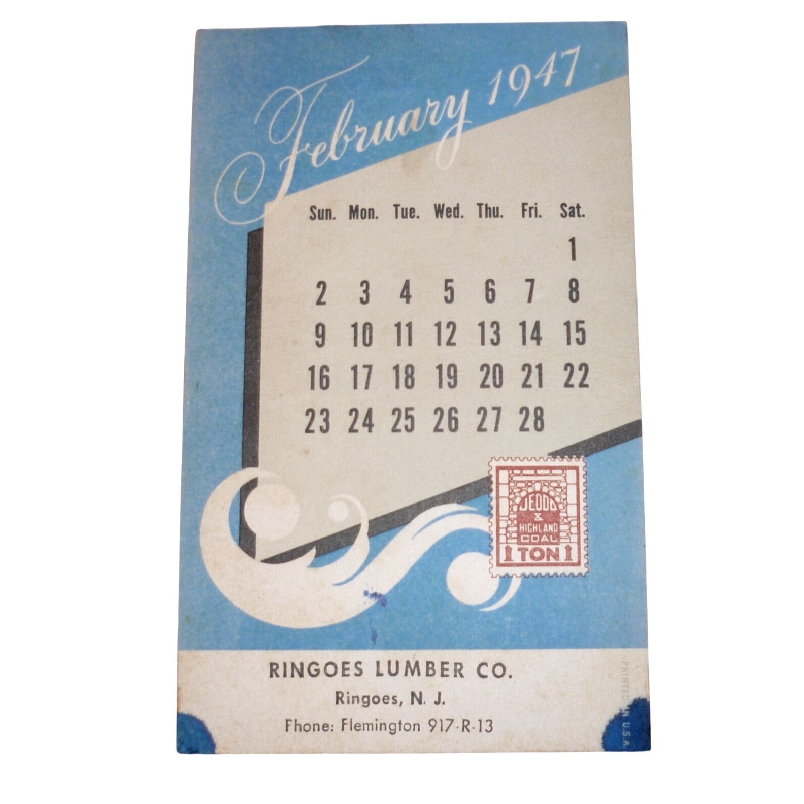 Vintage 1947 Ringoes Lumber Co NJ Calendar Card Advertising Ephemera Vintage 1947 Ringoes Lumber Co NJ Calendar Card Advertising Ephemera