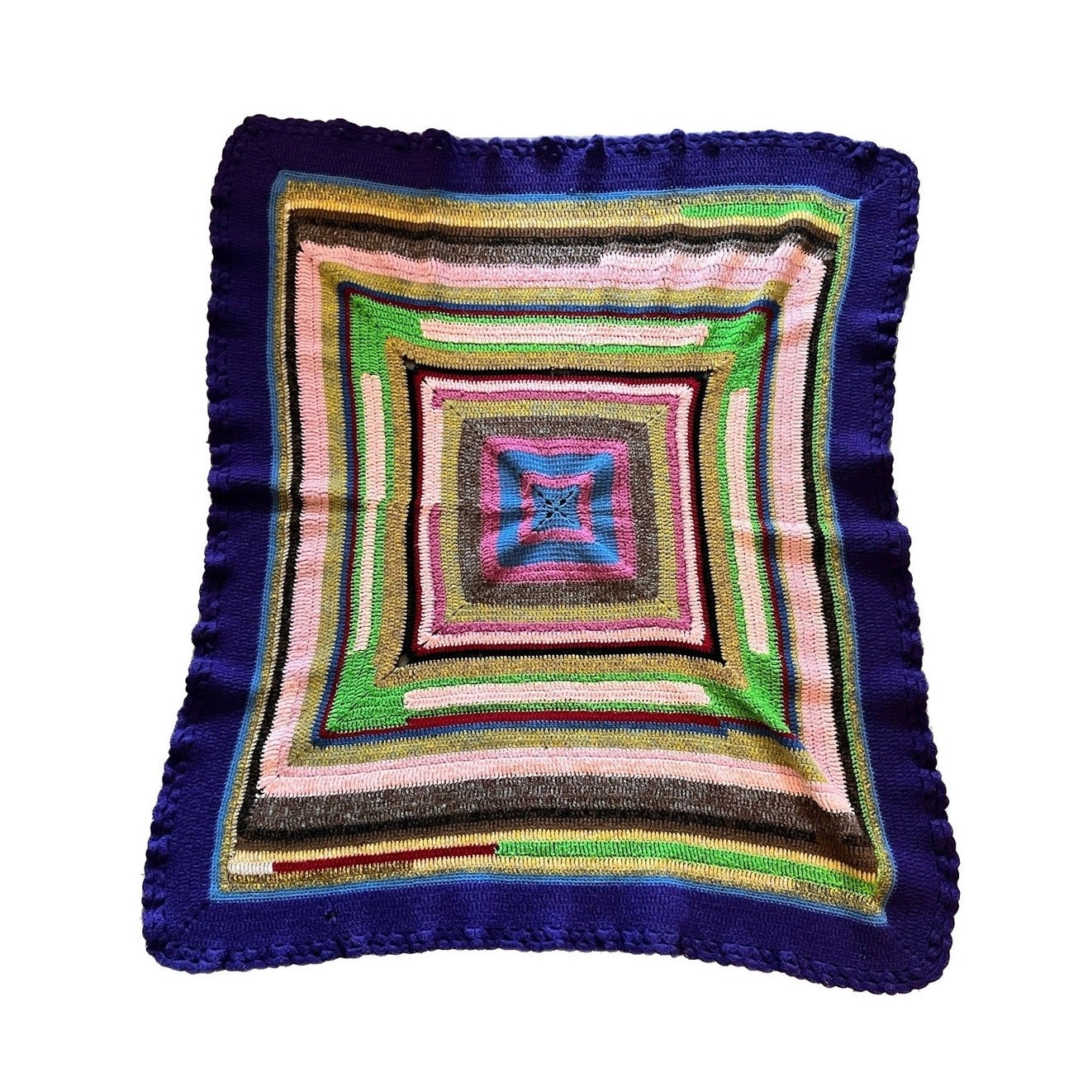 Vintage Handmade Afghan, Purple Pink Blue Geometric Square Pattern, 44\