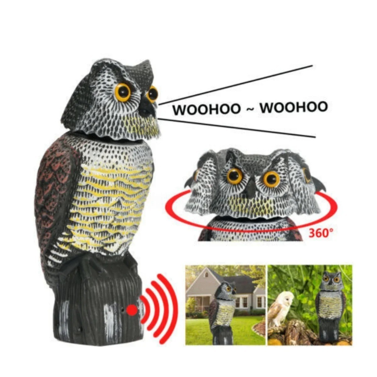 Fake Owl Decoy Plastic Owl Scarecrow Sculpture with Rotating Head and Sound for