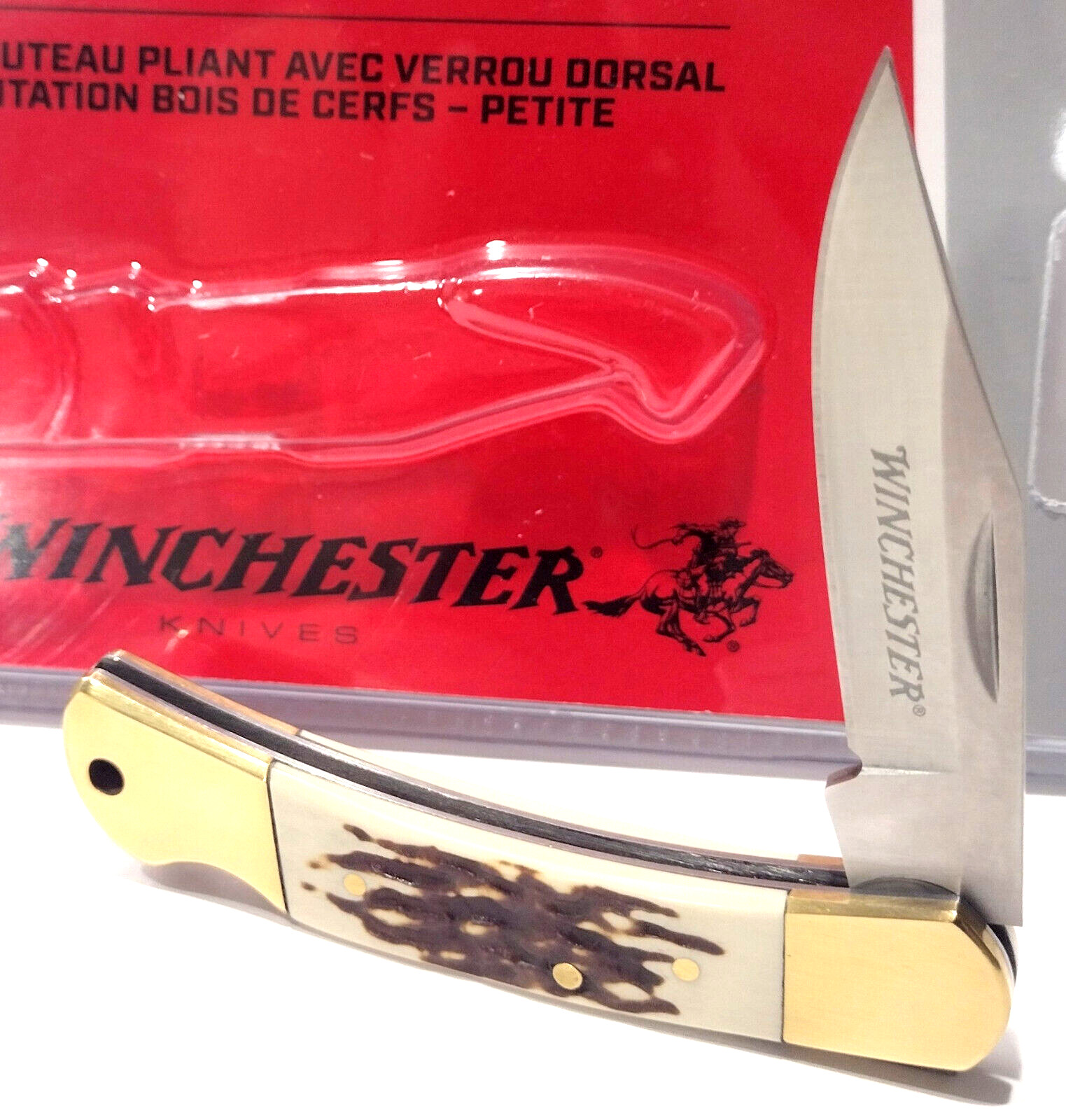Winchester Small Stag Bone Clip Point Blade Lockback Folding Pocket Knife EDC Winchester Small Stag Bone Clip Point Blade Lockback Folding Pocket Knife EDC