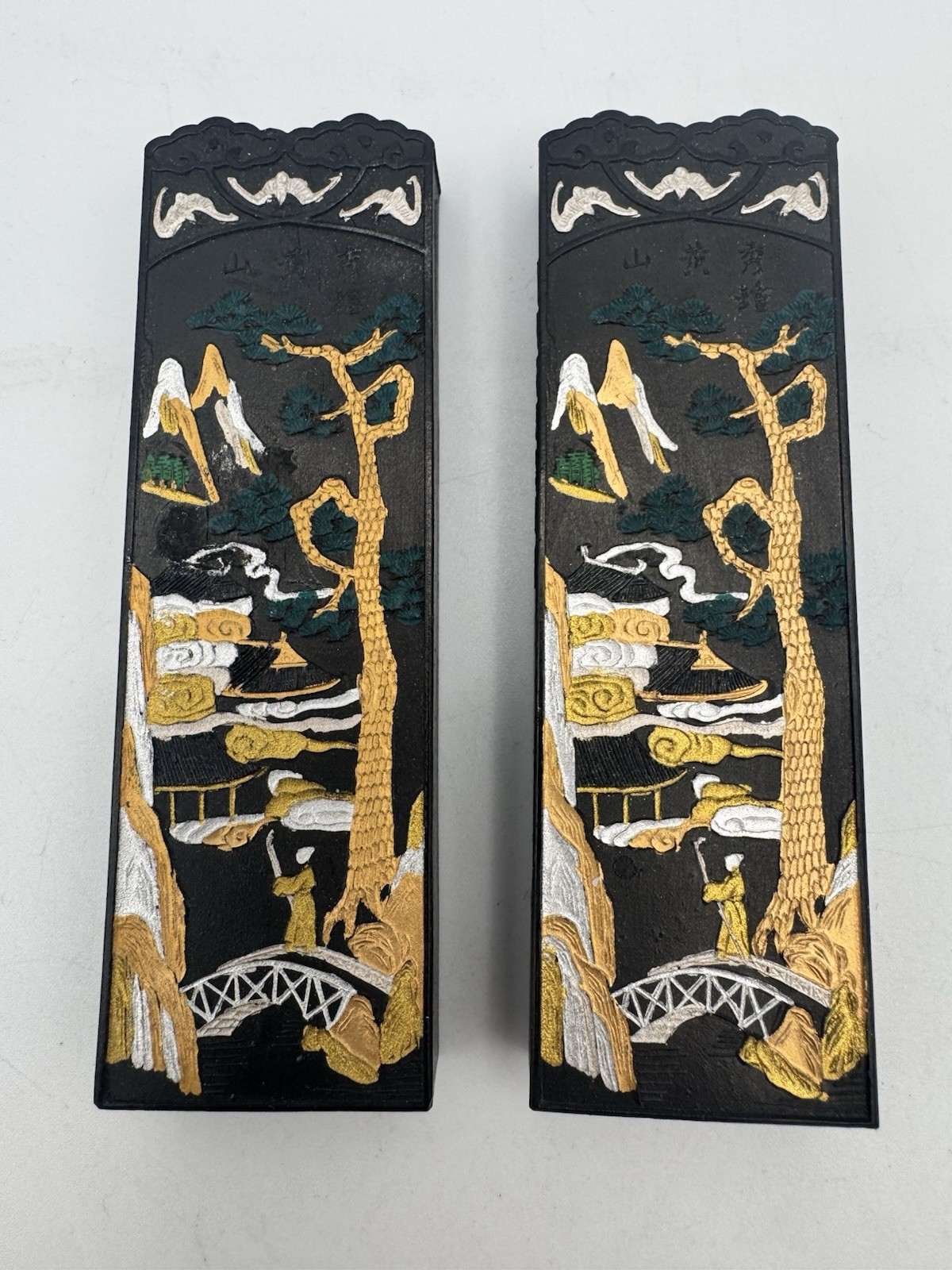 Vtg Chinese Calligraphy Ink Sticks Gilded Huizhou Jixi Fac. Landscape Relief 4” Vtg Chinese Calligraphy Ink Sticks Gilded Huizhou Jixi Fac. Landscape Relief 4”