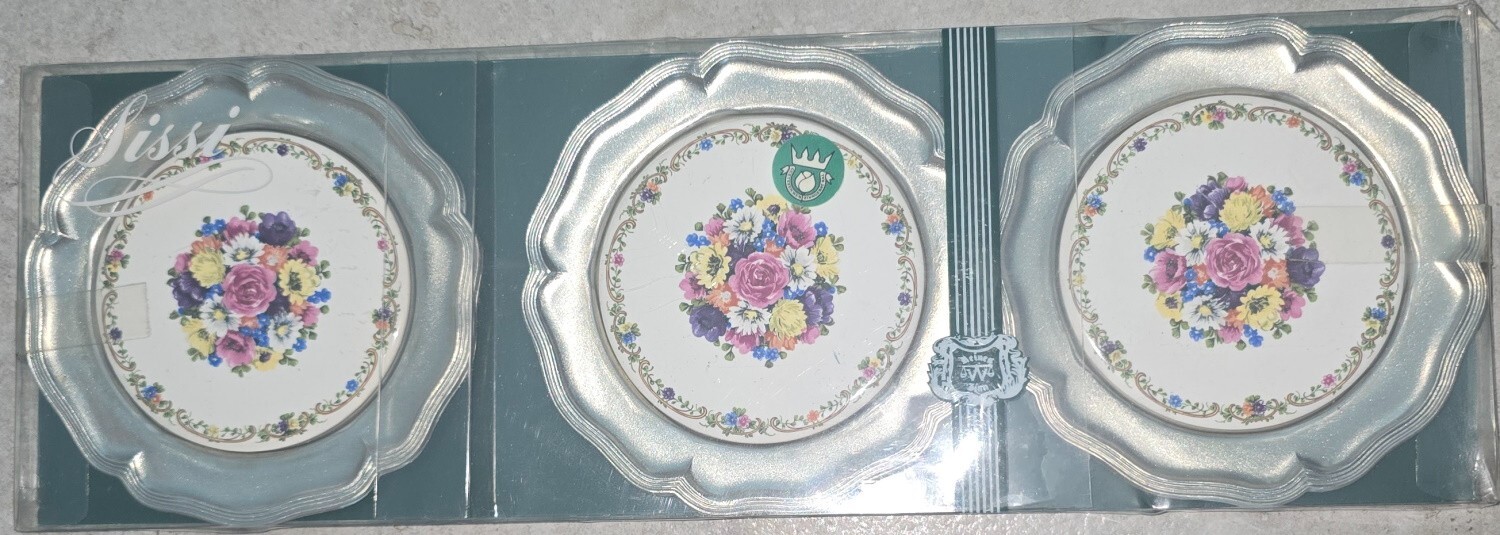 Set Of 3 Vintage Sissi Alwe Zinn Pewter With Ceramic Inserts Ornate Coasters NEW