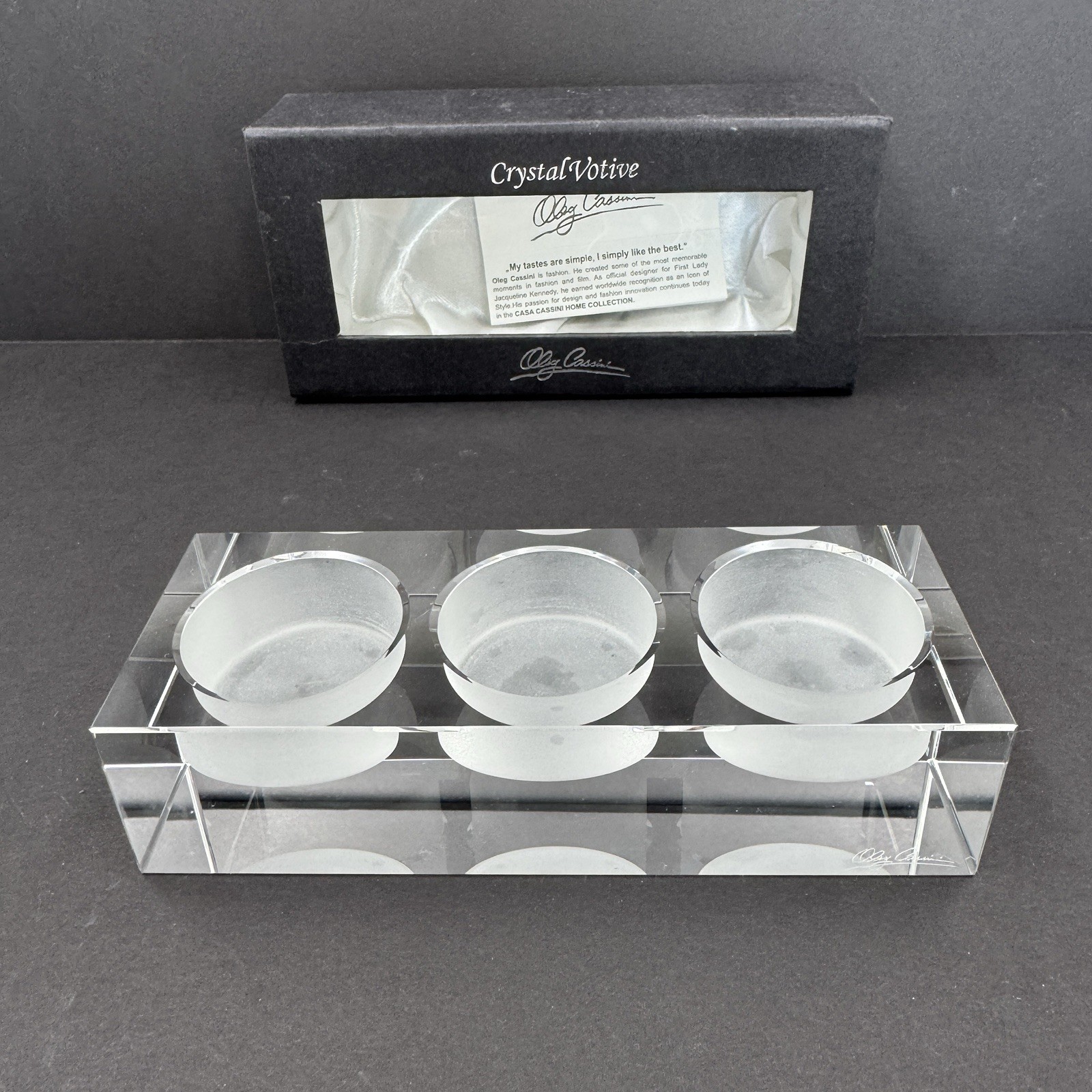 Oleg Cassini Signed Crystal Votive Triple Tea Light Holder Modern Cube 3 Candle