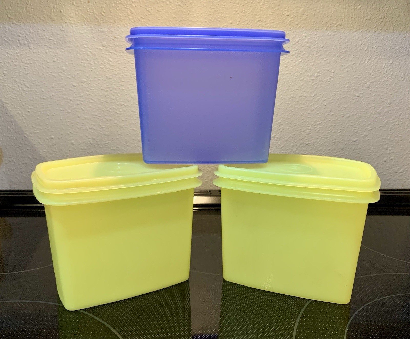 VTG 3 Tupperware Rectangular Containers 3 Lids Yellow Blue Stackable Made In USA