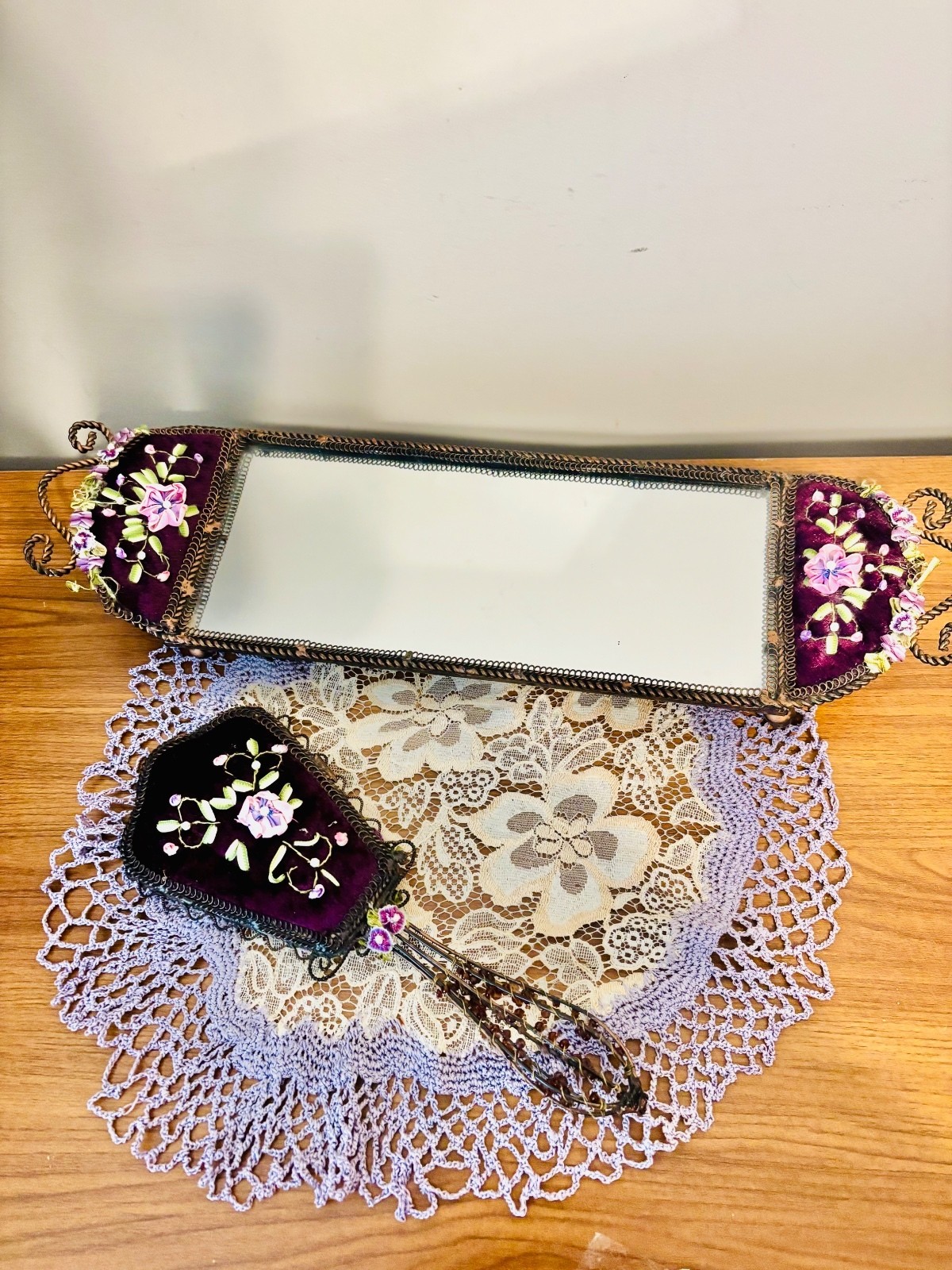 Vintage Elegant Embroidered Victorian Purple Velvet Tray & Mirror with Doily Vintage Elegant Embroidered Victorian Purple Velvet Tray & Mirror with Doily