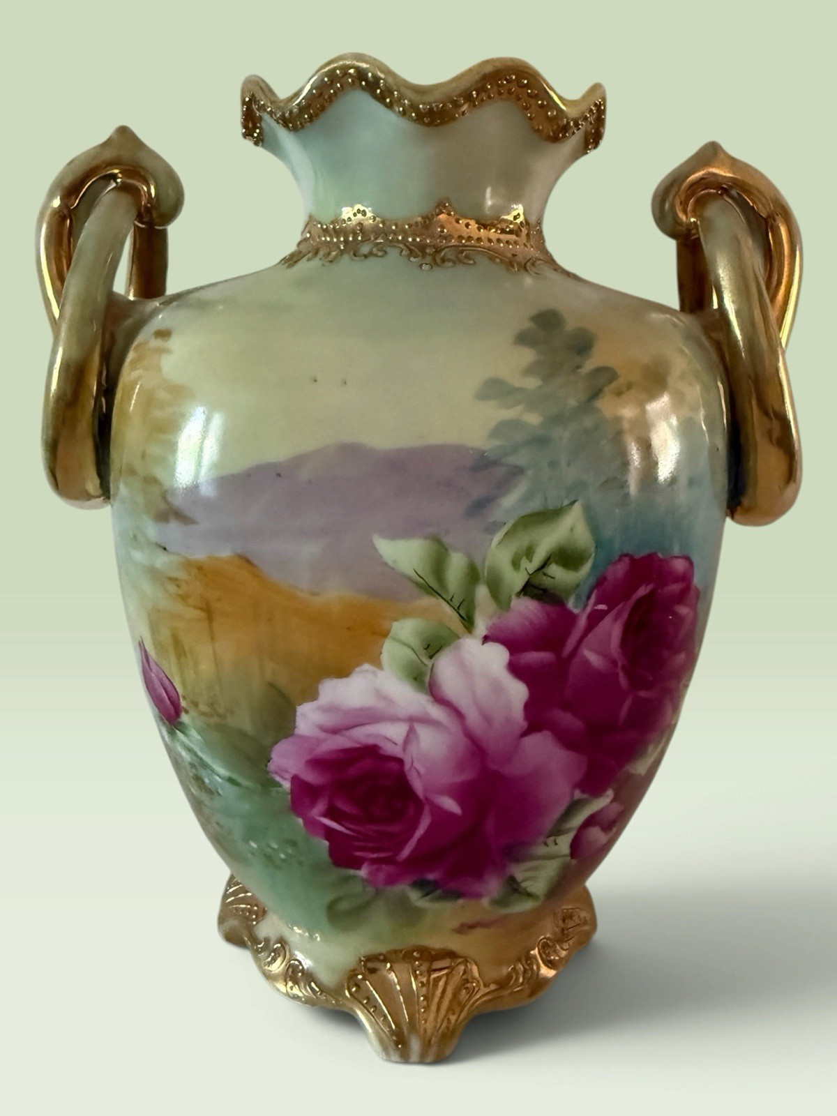 Antique Nippon Hand Painted Roses Landscape Vase Gilt Double Handles Maple Leaf