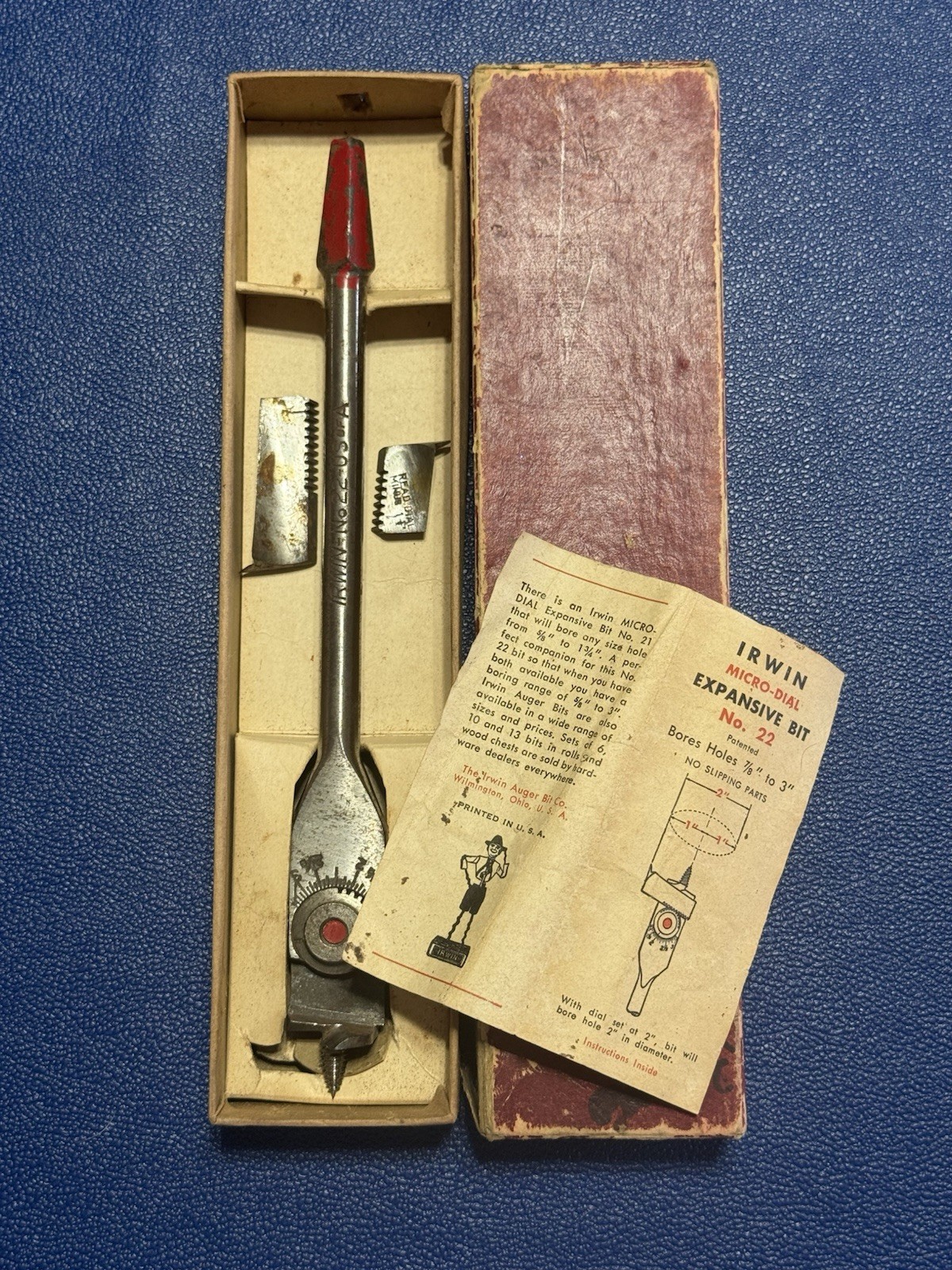 Vintage Irwin No.21 Micro-Dial Expansive Wood Bit Bores 5/8''- 1'' With Box Vintage Irwin No.21 Micro-Dial Expansive Wood Bit Bores 5/8''- 1'' With Box
