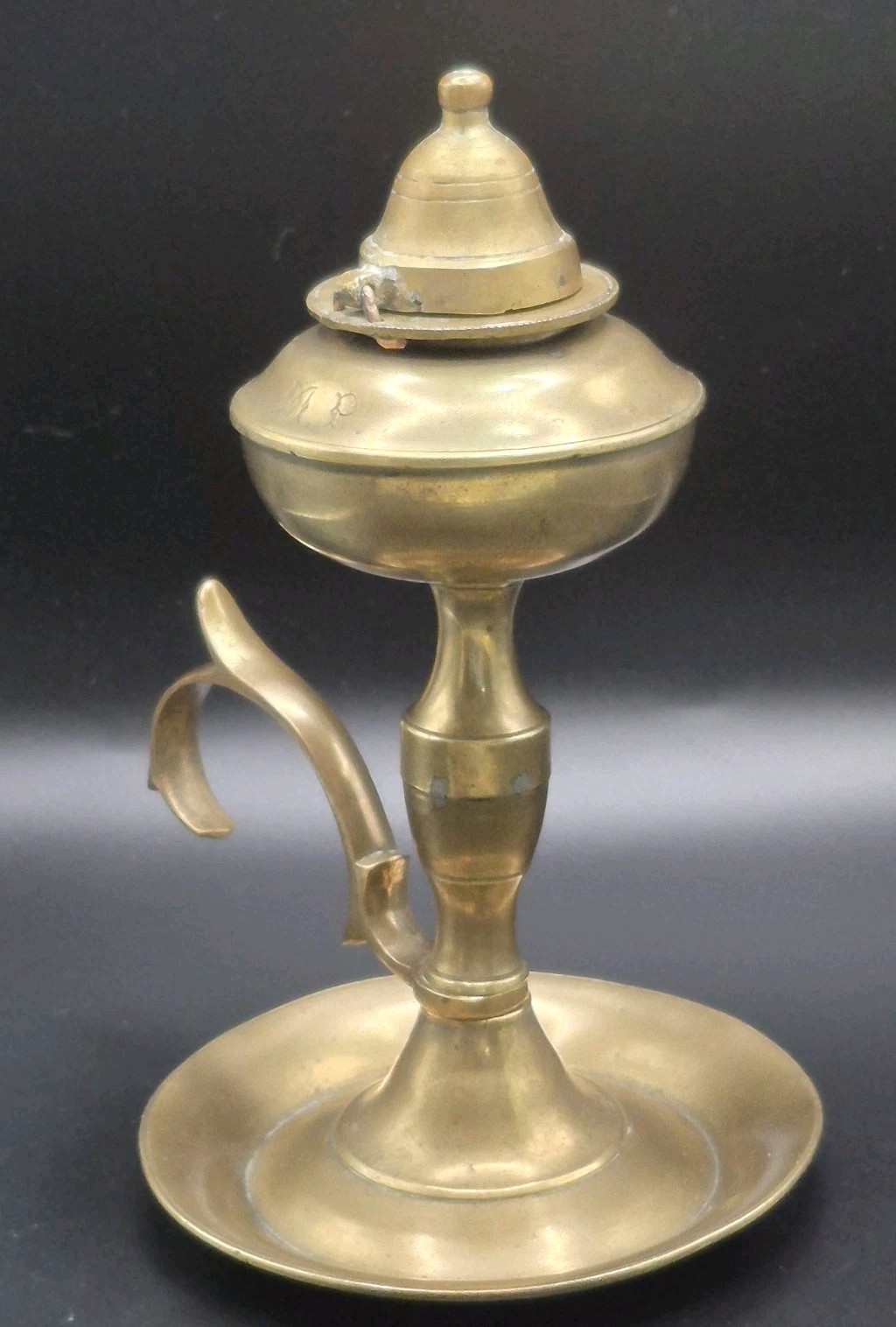 Vintage Solid Brass Whale Oil Finger Lamp Chamberstick Drip Pan Base with Lid