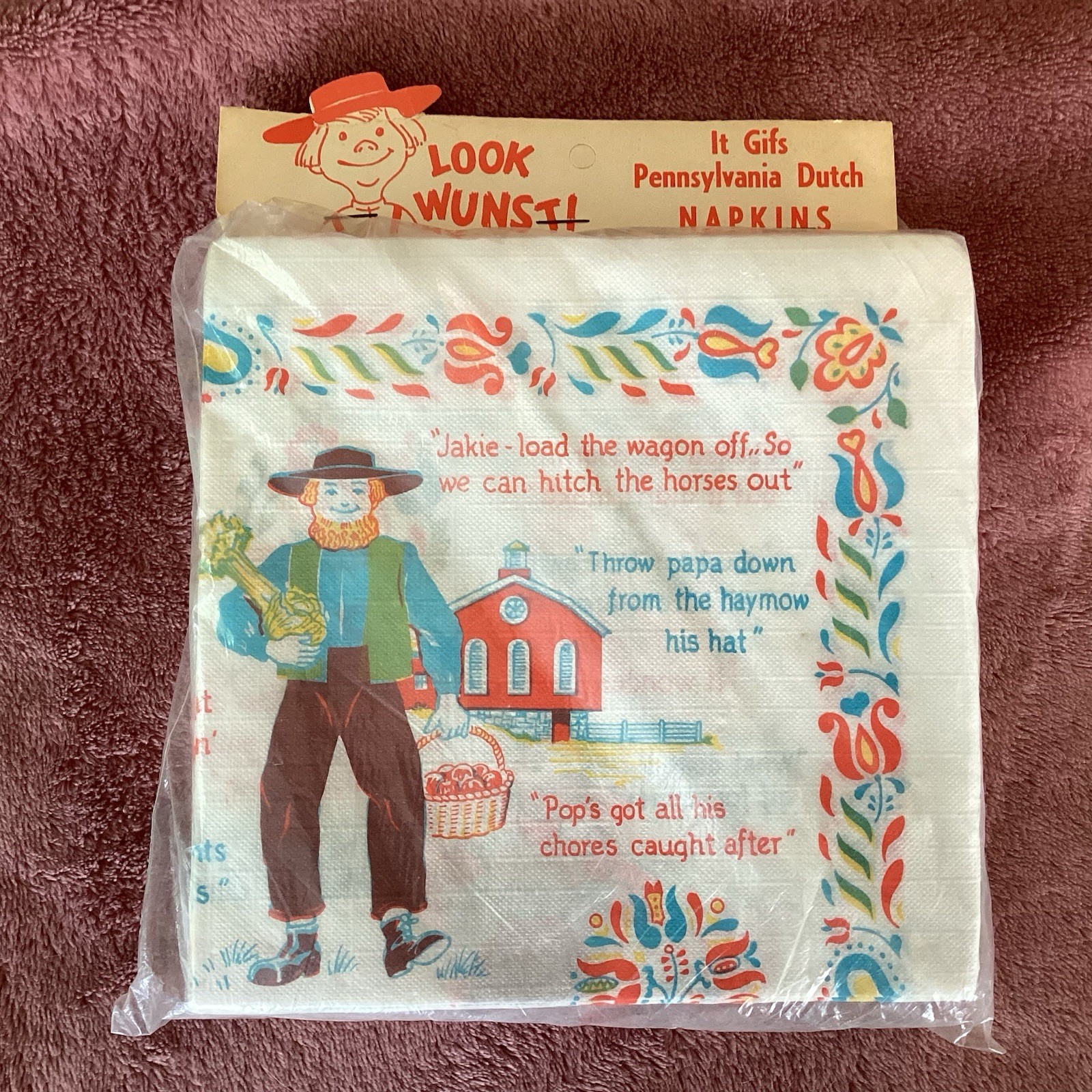 VTG Look Wunsti Paper Luncheon Napkins It Gifs Pennsylvania Dutch NOS Sealed MC