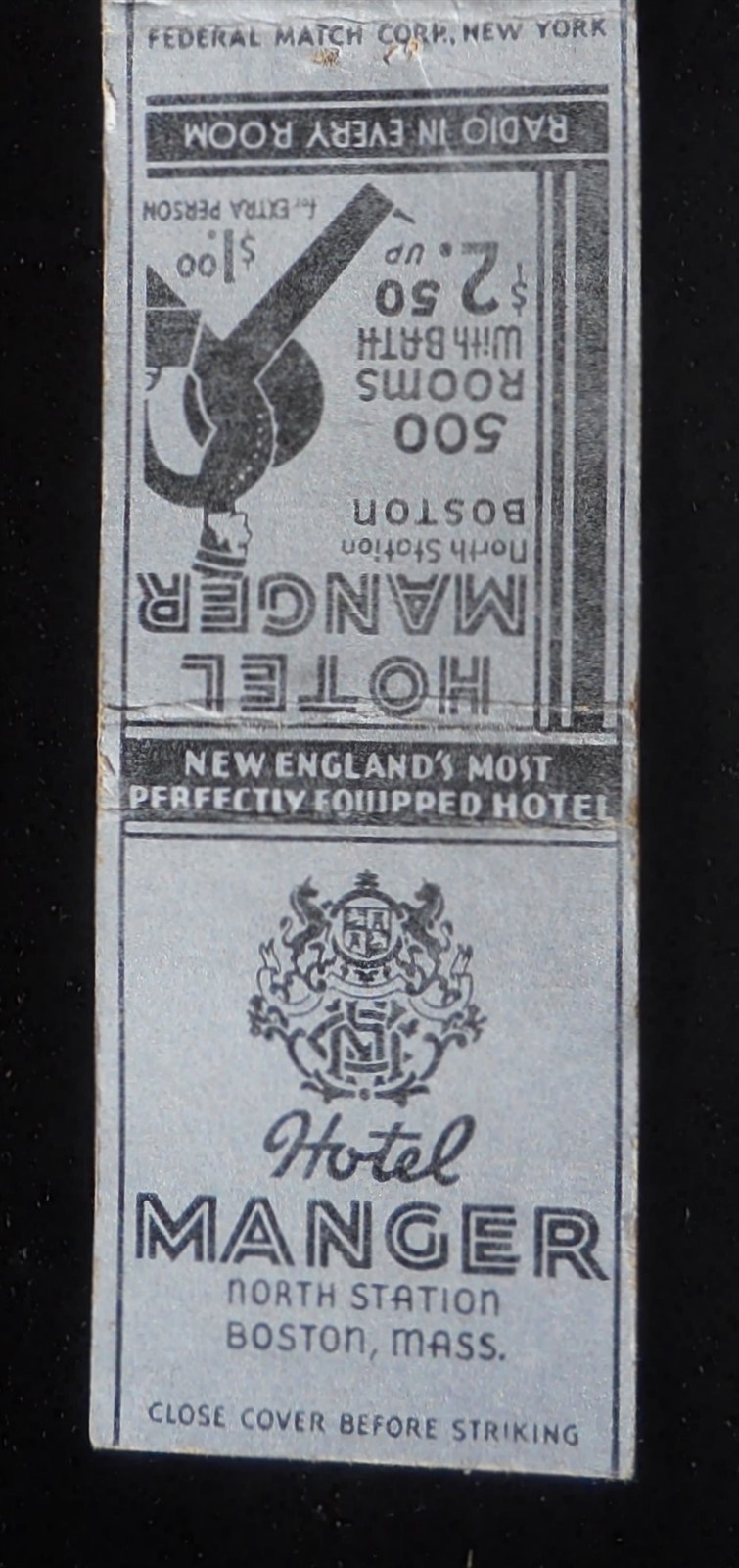 1940s FEDERAL MATCH Hotel Manger North Station 500 Rooms W/ Bath Radio Boston MA