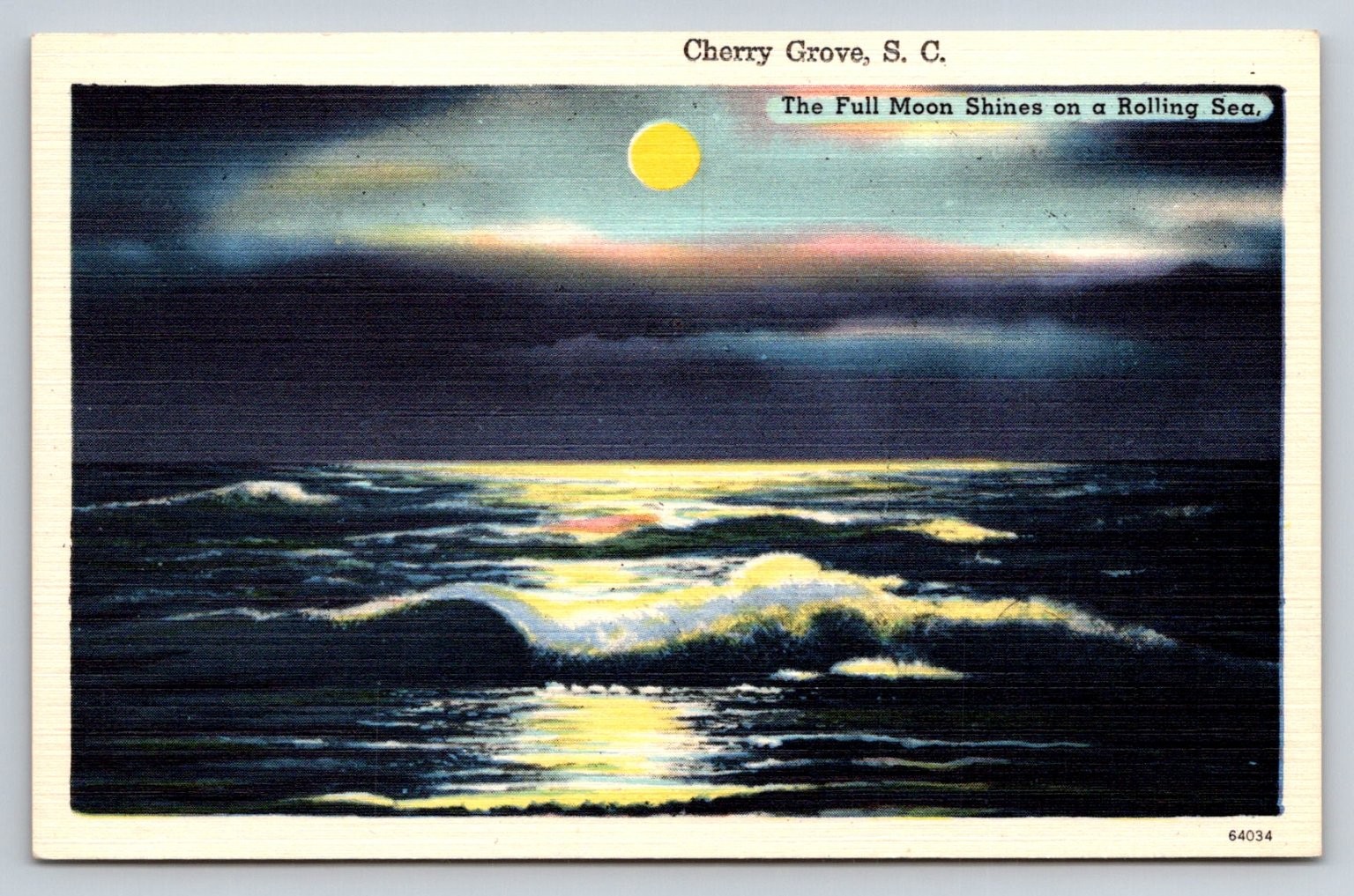 Cherry Grove SC Full Moon Rolling Sea Tichnor Linen Postcard 1930s-50s