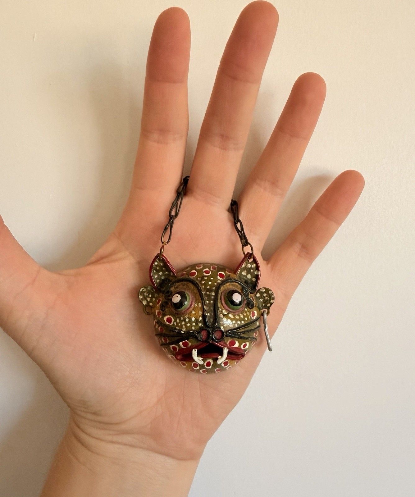 Vintage Mexican Guerrero Folk Art Nagual Mask Necklace Painted Metal