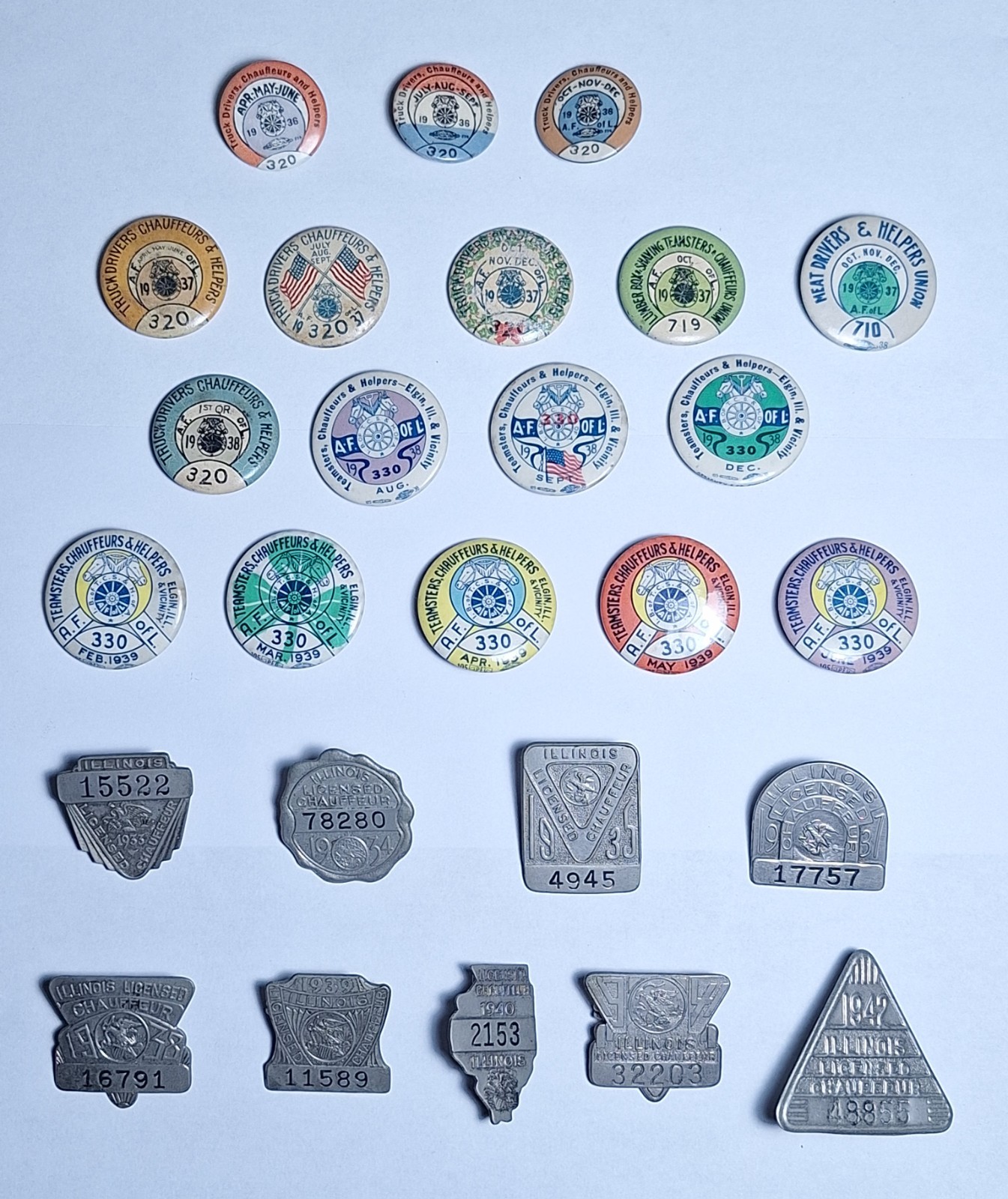 26@ 1933 - 1942 Illinois Chauffeur License Pins Badges Union Teamsters Buttons 26@ 1933 - 1942 Illinois Chauffeur License Pins Badges Union Teamsters Buttons