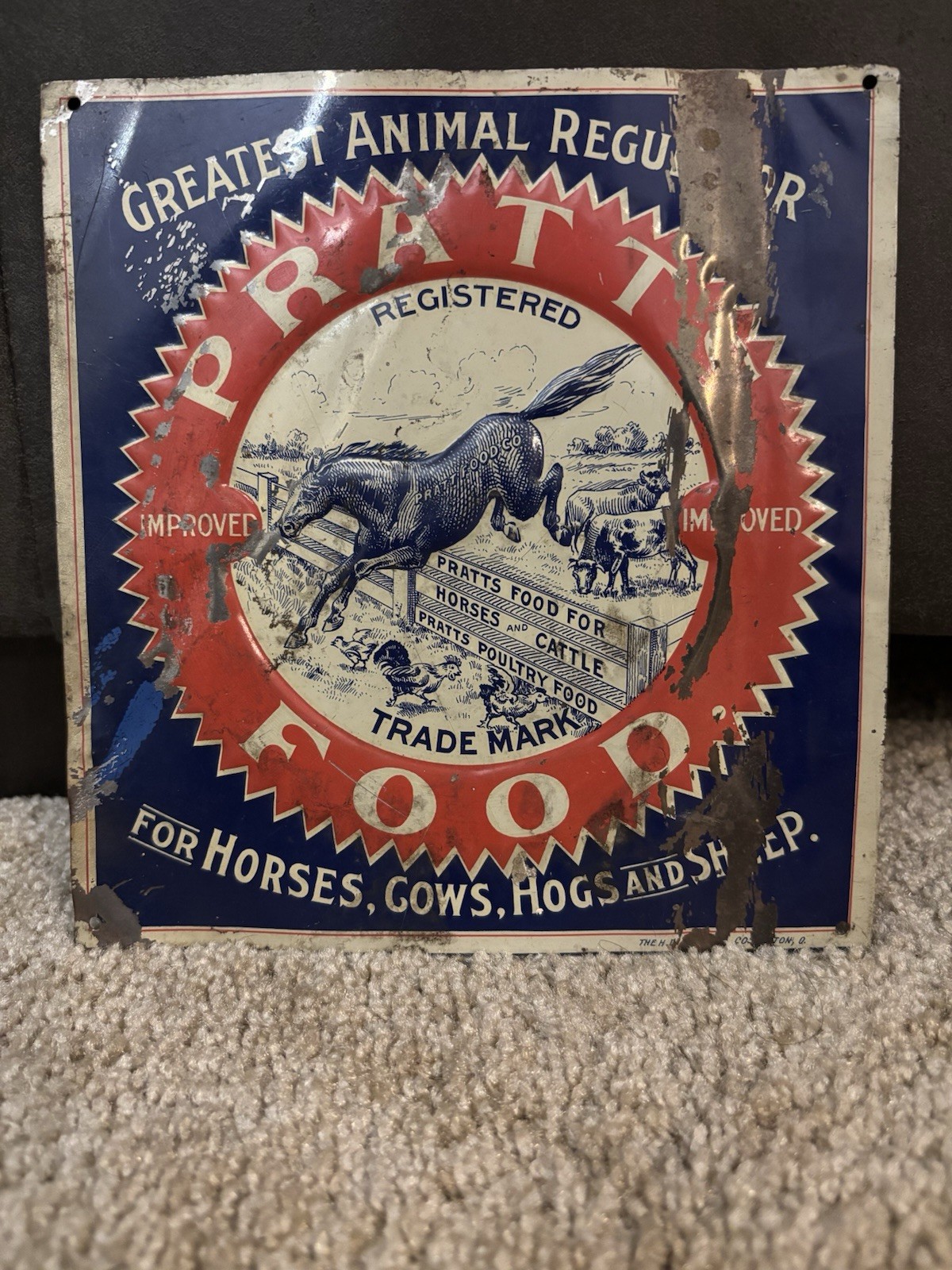 RARE ORIGINAL PRATTS FOOD VETERINARY EMBOSSED SIGN BY THE H. D. BEACH CO