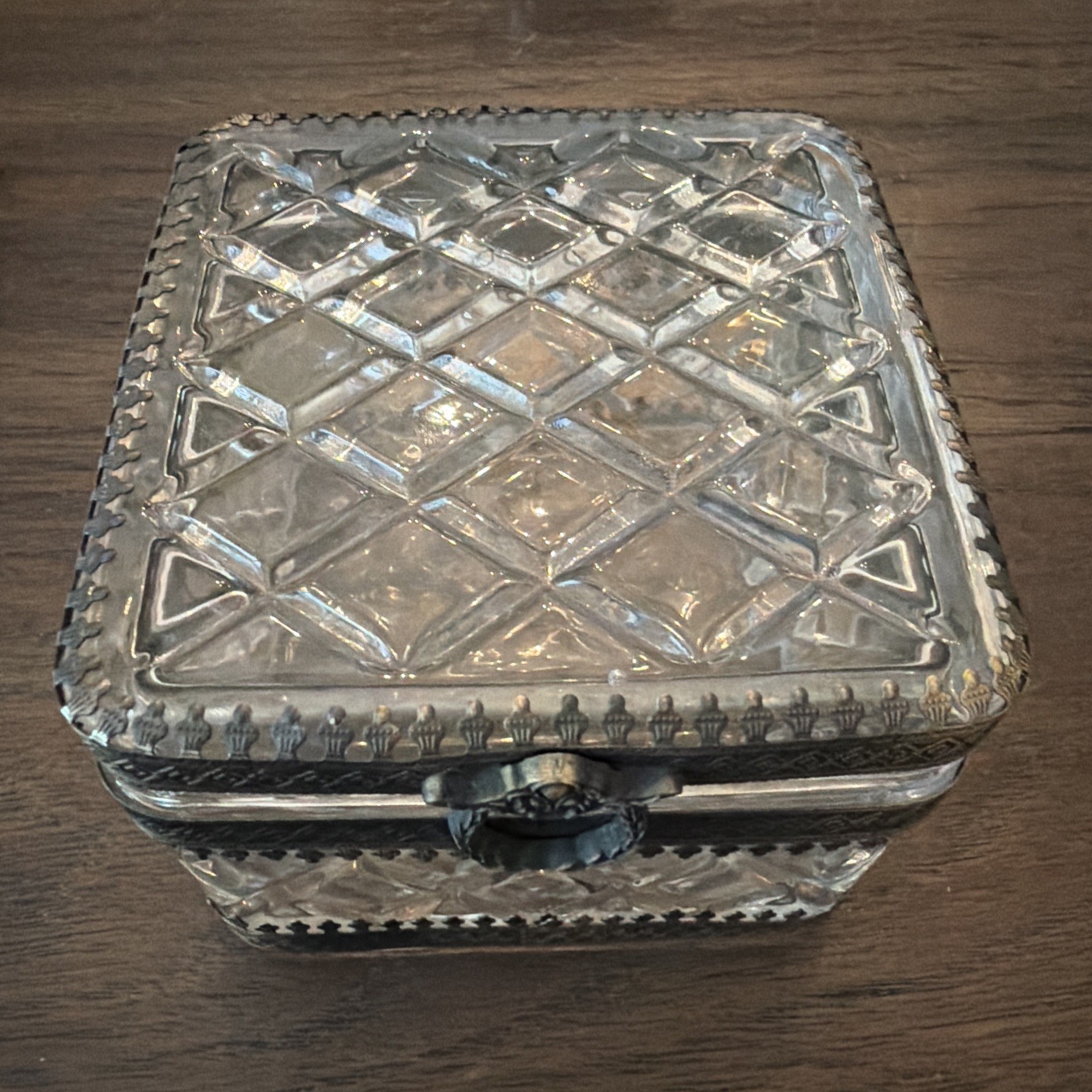 Baccarat Diamond style jewelry Trinket Box with silver accents. hinged. vintage