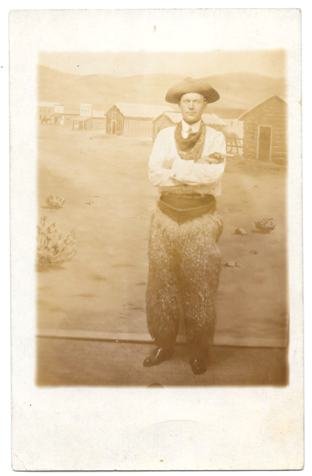 RPPC Postcard Man in Cowboy Chaps Revolver Studio Photo Western Backdrop c1910s