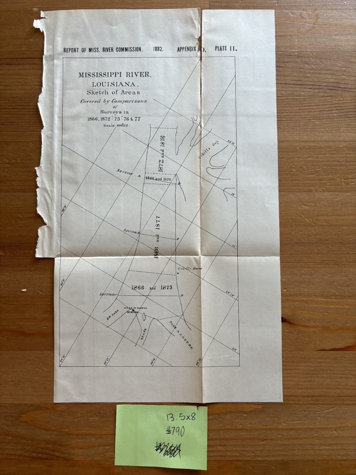 1882 Mississippi River Louisiana Army Engineering Sketch Map Diagram 