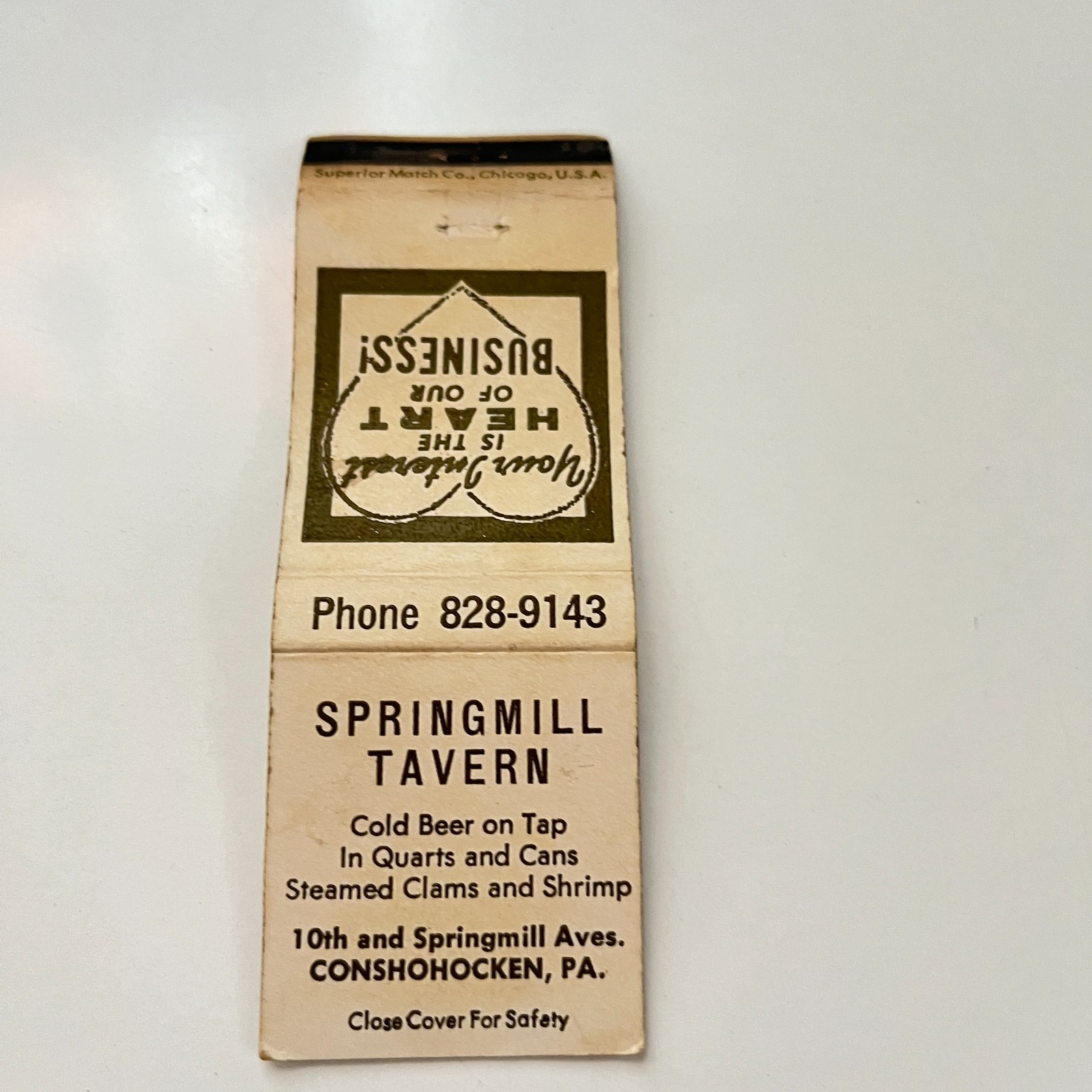 Springmill Tavern Conshohocken PA Vintage Matchbook Cover TMB50-5 Springmill Tavern Conshohocken PA Vintage Matchbook Cover TMB50-5