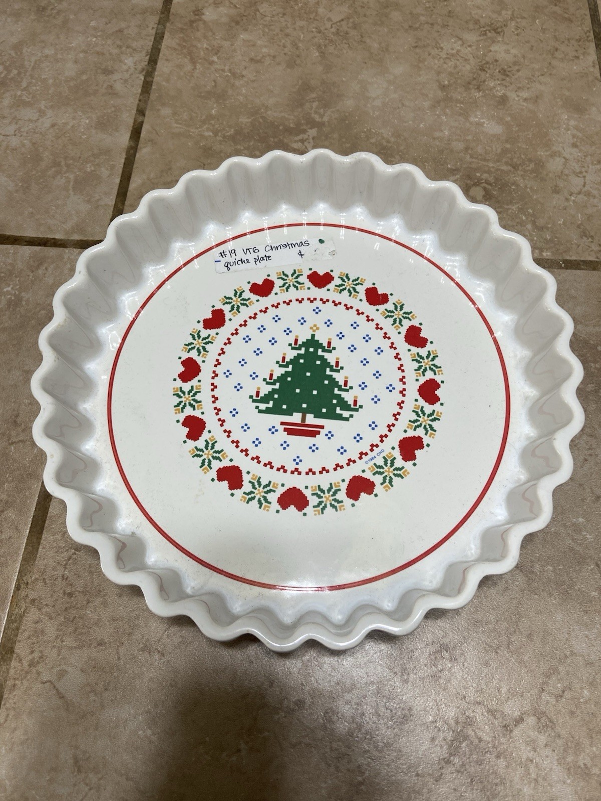 VTG 1984 Treasure Craft Homespun Christmas & Hearts Quiche/Pie Dish