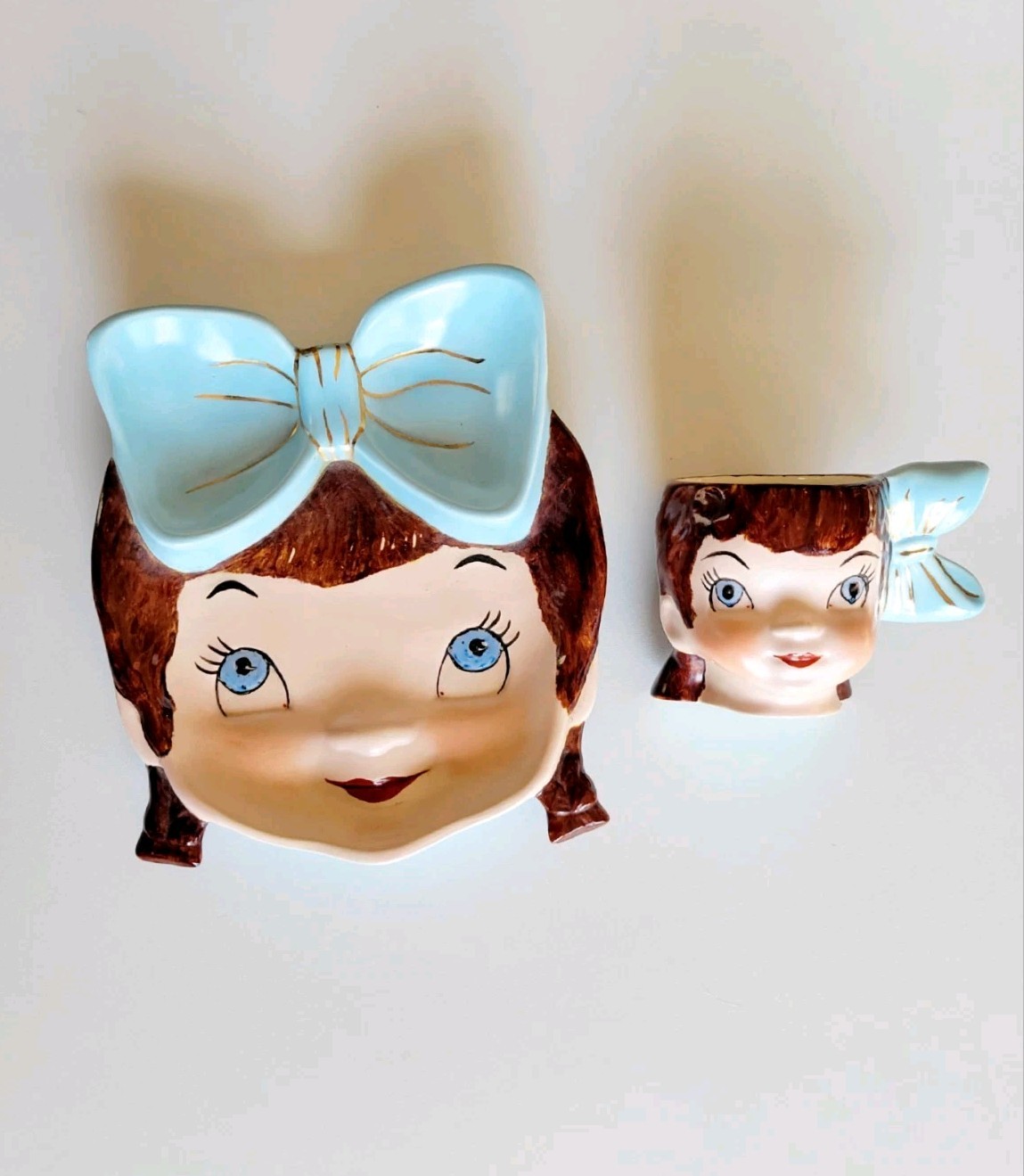 Vintage Kitsch Anthropomorphic Girl  Face Plate & Egg Cup Set Rosemary MCM