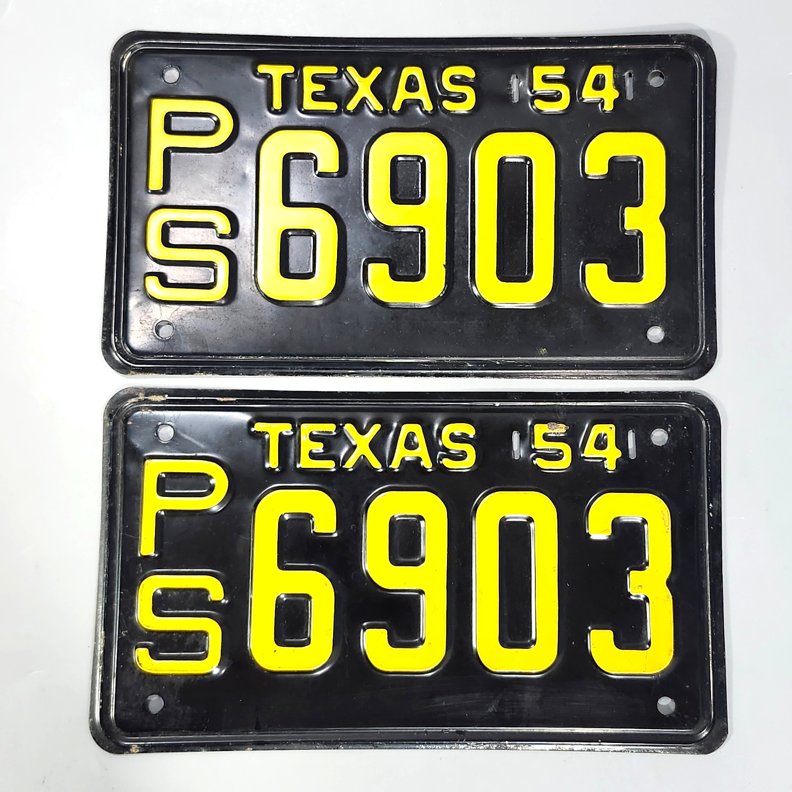 Matching Pair 1954 Texas License Plates PS 6903 Black Yellow Text Expired VTG Matching Pair 1954 Texas License Plates PS 6903 Black Yellow Text Expired VTG