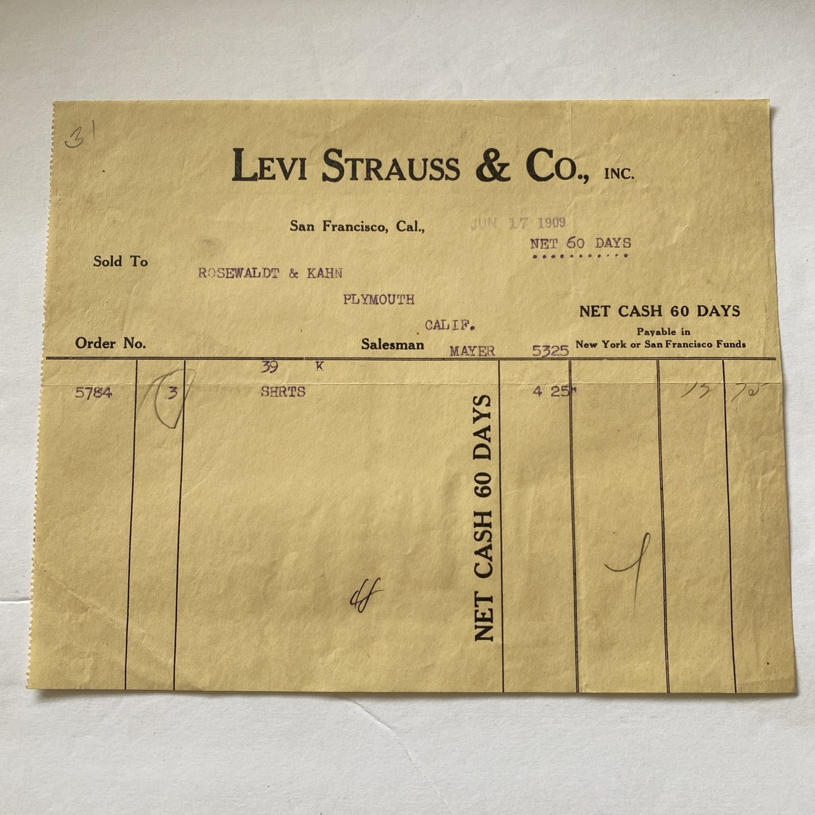 Antique Receipt Levi Strauss & Co.  San Francisco 1909 Old West