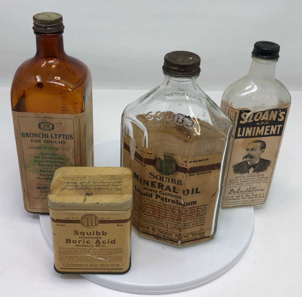 Vintage Medicine Bottle Lot Squibb Sloan\'s Bronchi-Lyptus Boric Acid Apothecary