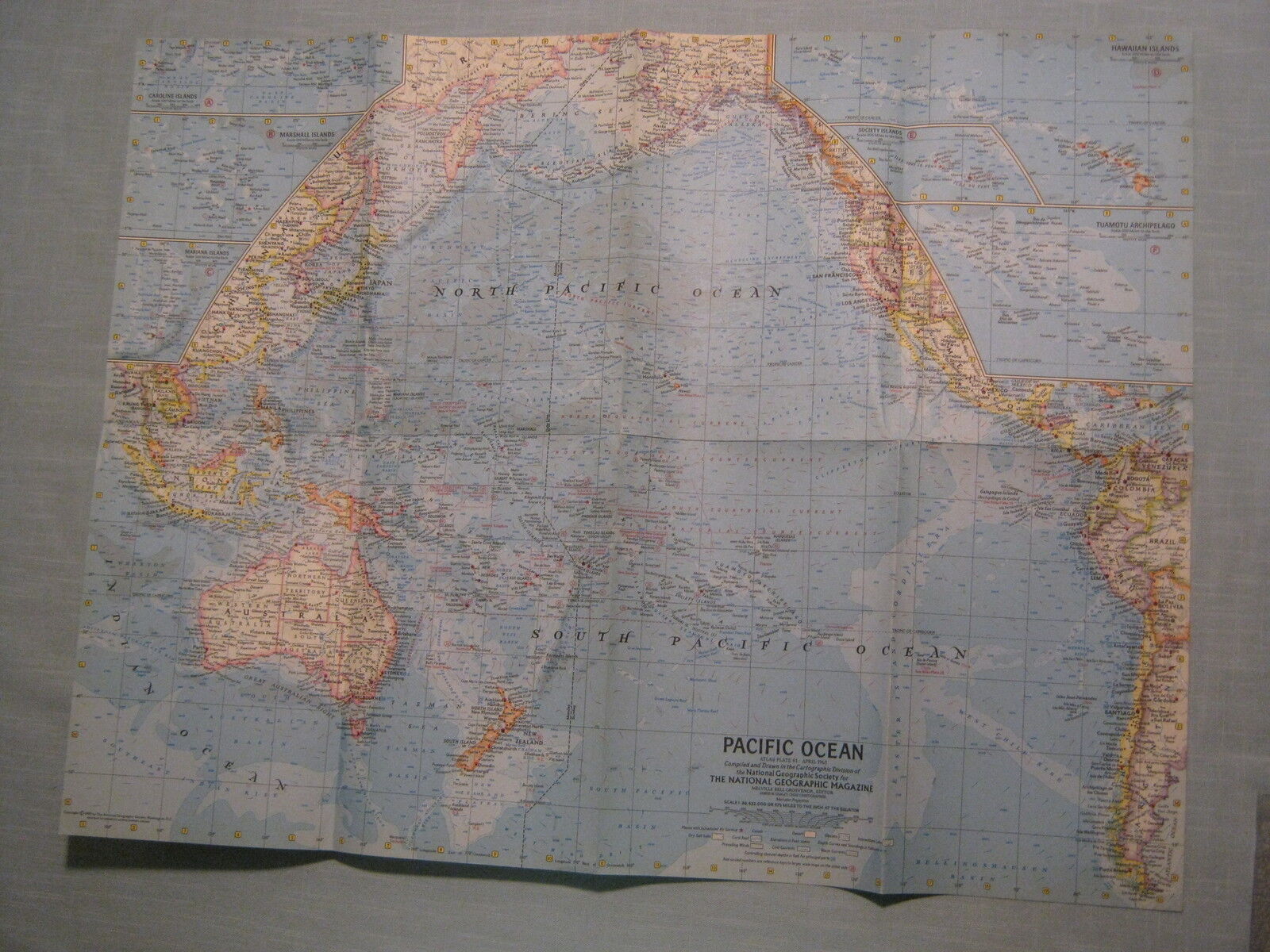 VINTAGE PACIFIC OCEAN, NEW ZEALAND NEW GUINEA MAP National Geographic April 1962