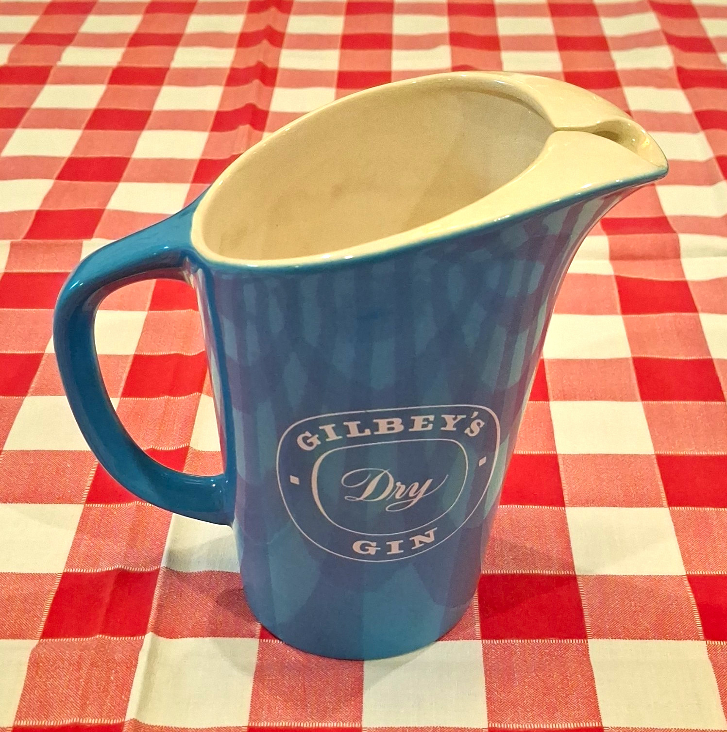 Vintage, Gilbey\'s Dry Gin Advertising Pitcher Jug, Blue & White