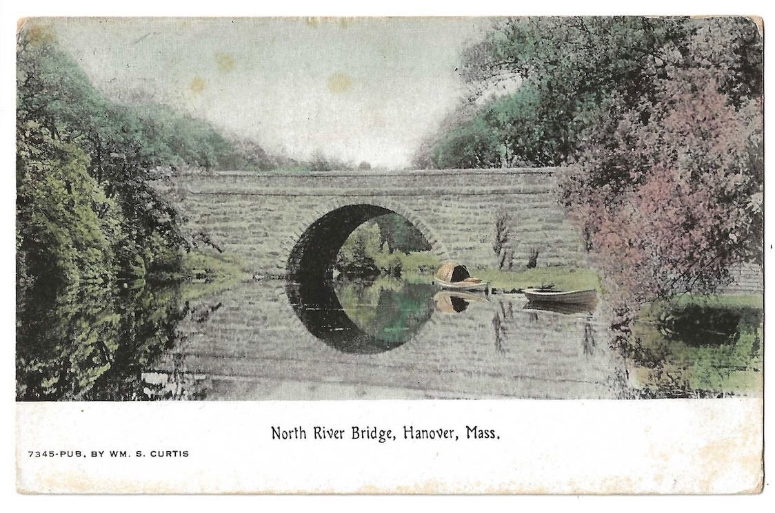 Hanover Massachusetts c1909 North River Stone Bridge, boat