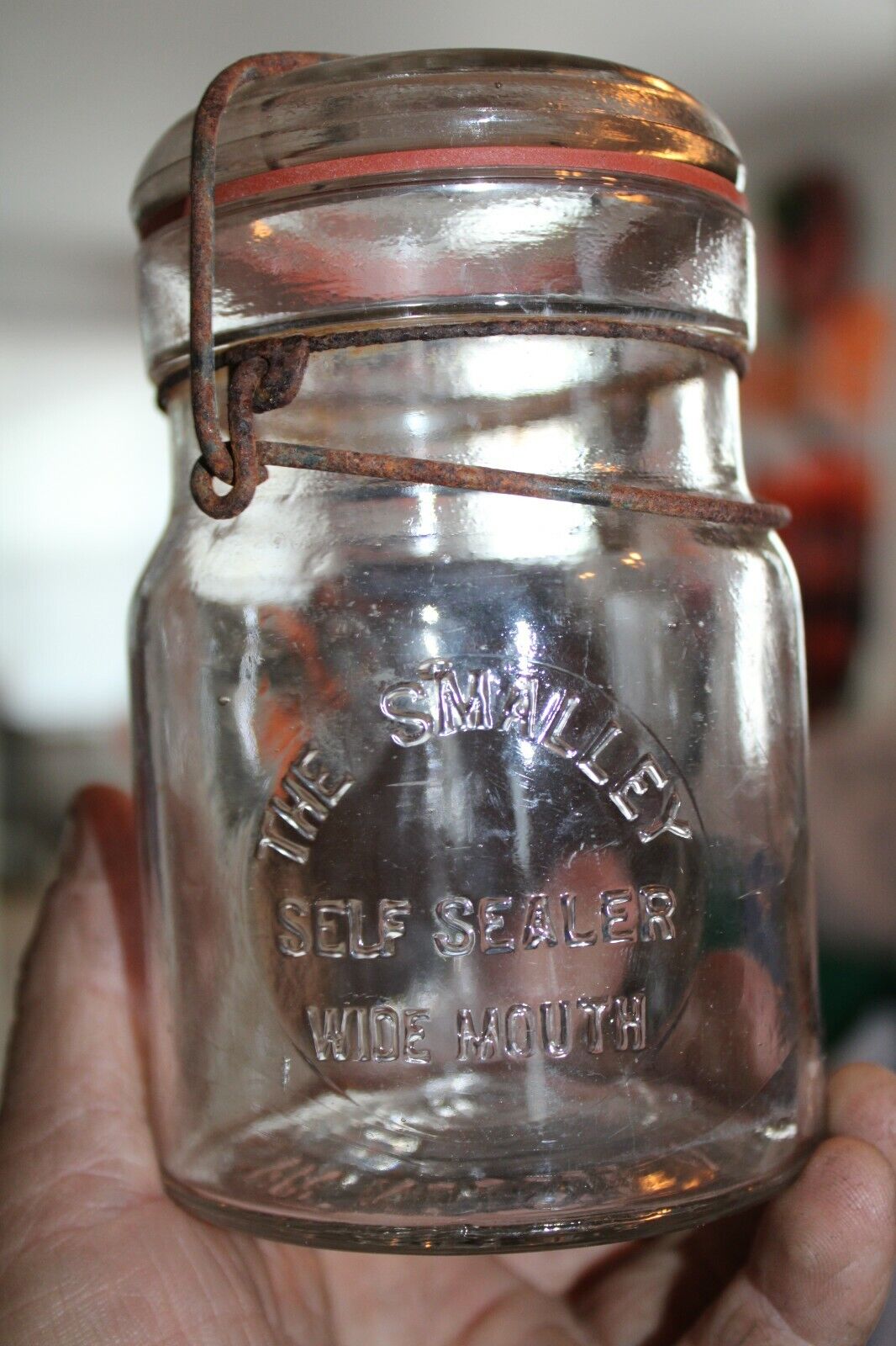 AQntique 1pt Clear SMALLEY, Self Sealer Bail Mason Jar, Item  A- 1028