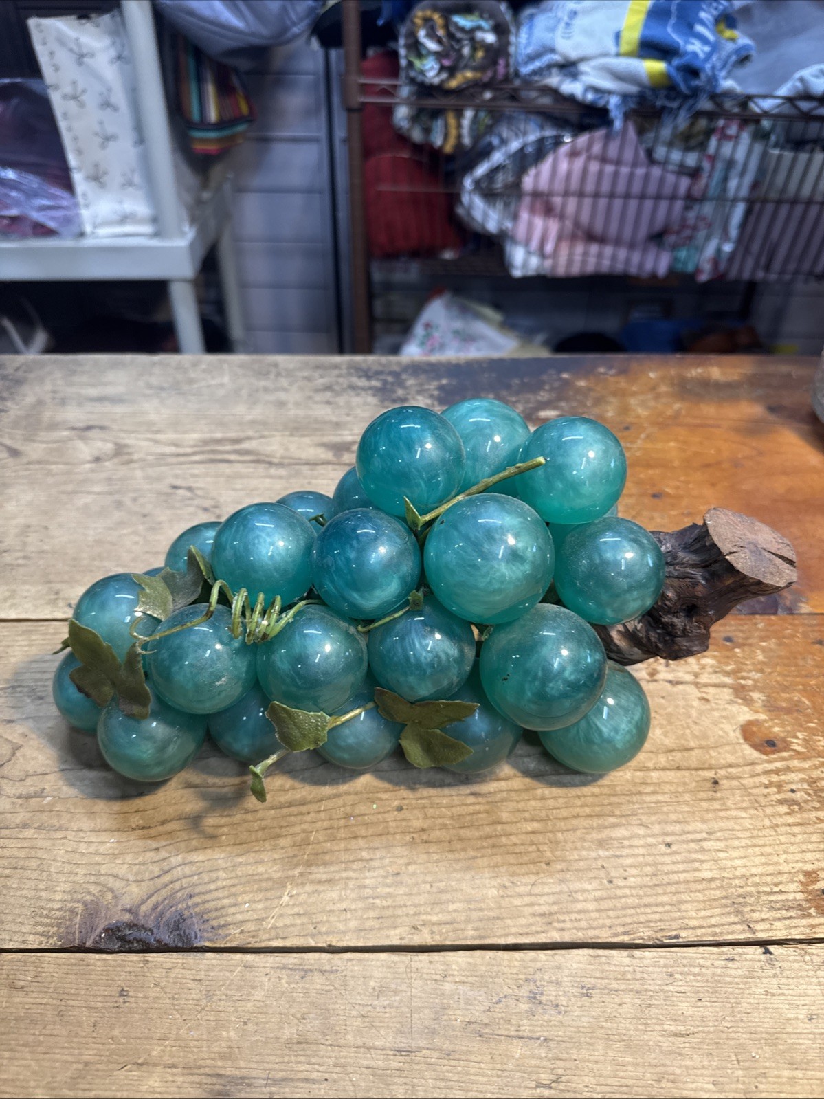 Rare Large Green Pearl Swirl Lucite Grapes On Driftwood Stick MCM Decor