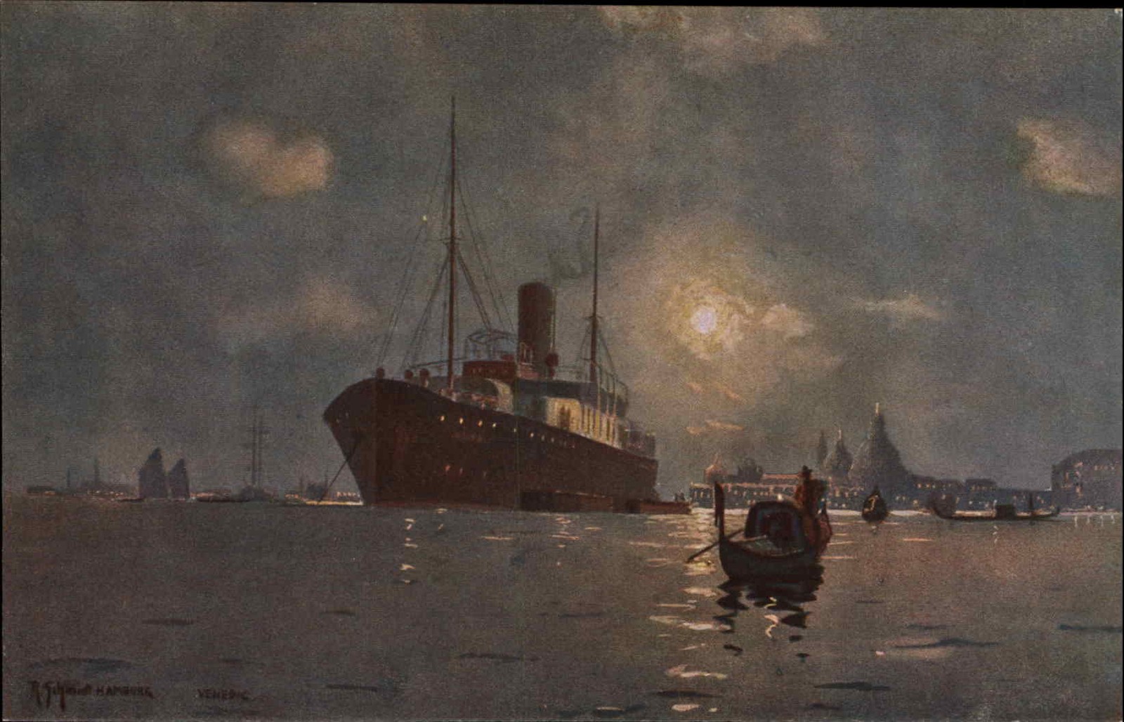 A/s R SCHMIDT GERMAN Steamer Steamship Ship at Night HAMBURG GERMANY PC