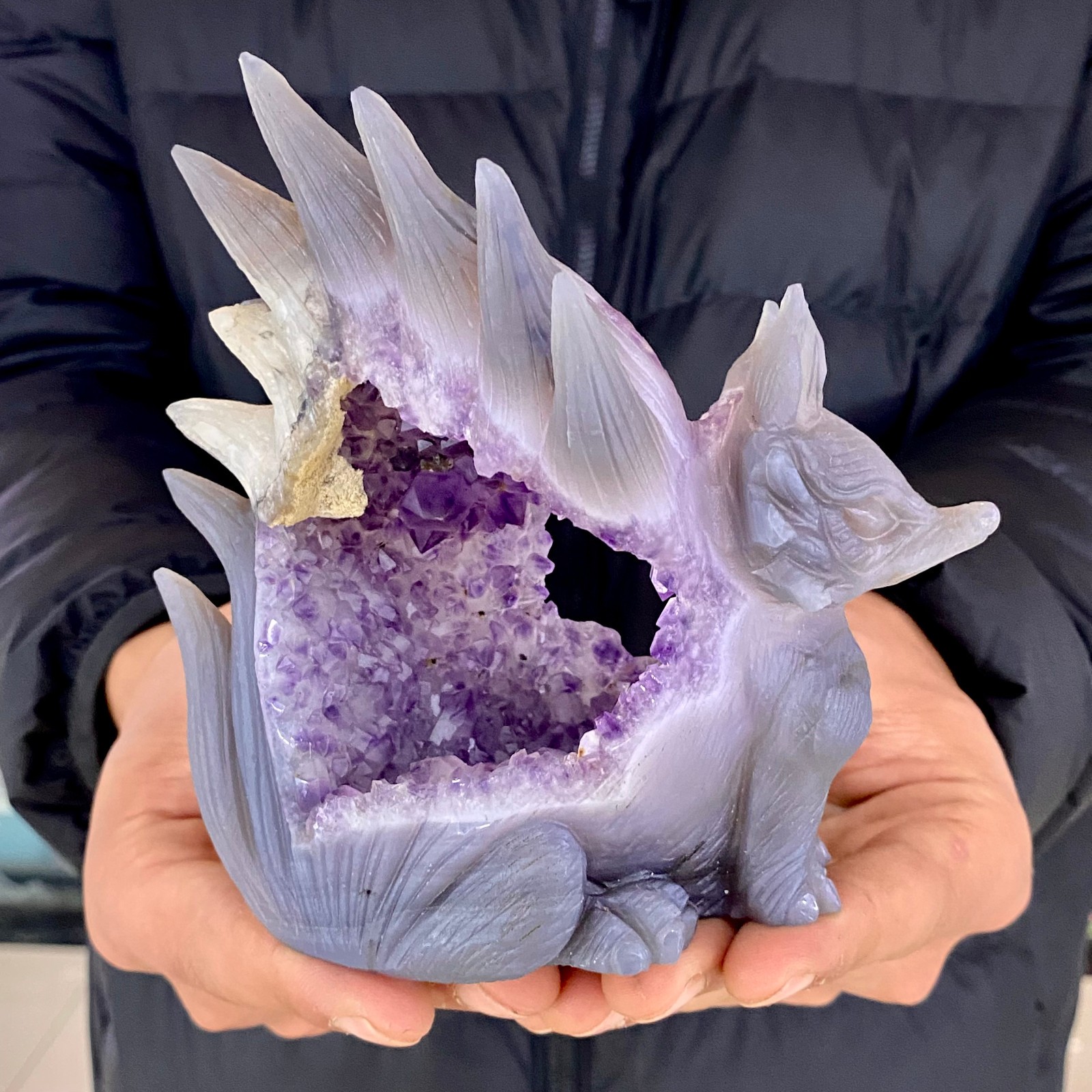 1.17LB Natural Purple Crystal Cave Hand Carving Nine Tailed Fox Gemstone Art