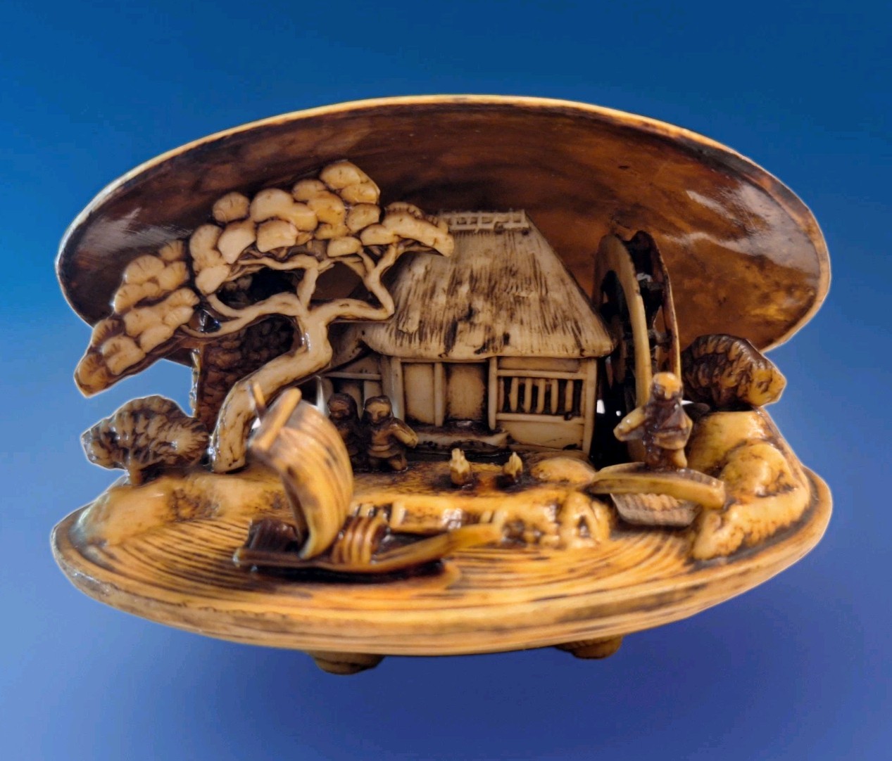 Vtg Japanese Celluloid Clam Shell Diorama Water Wheel Wrks Intricate Village Vtg Japanese Celluloid Clam Shell Diorama Water Wheel Wrks Intricate Village
