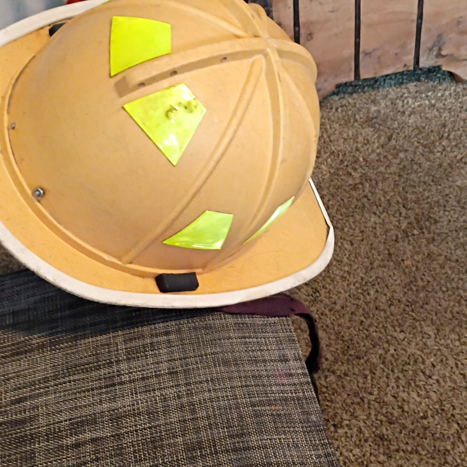 Vintage Tan Firefighting Helmet with Yellow Reflective Tape