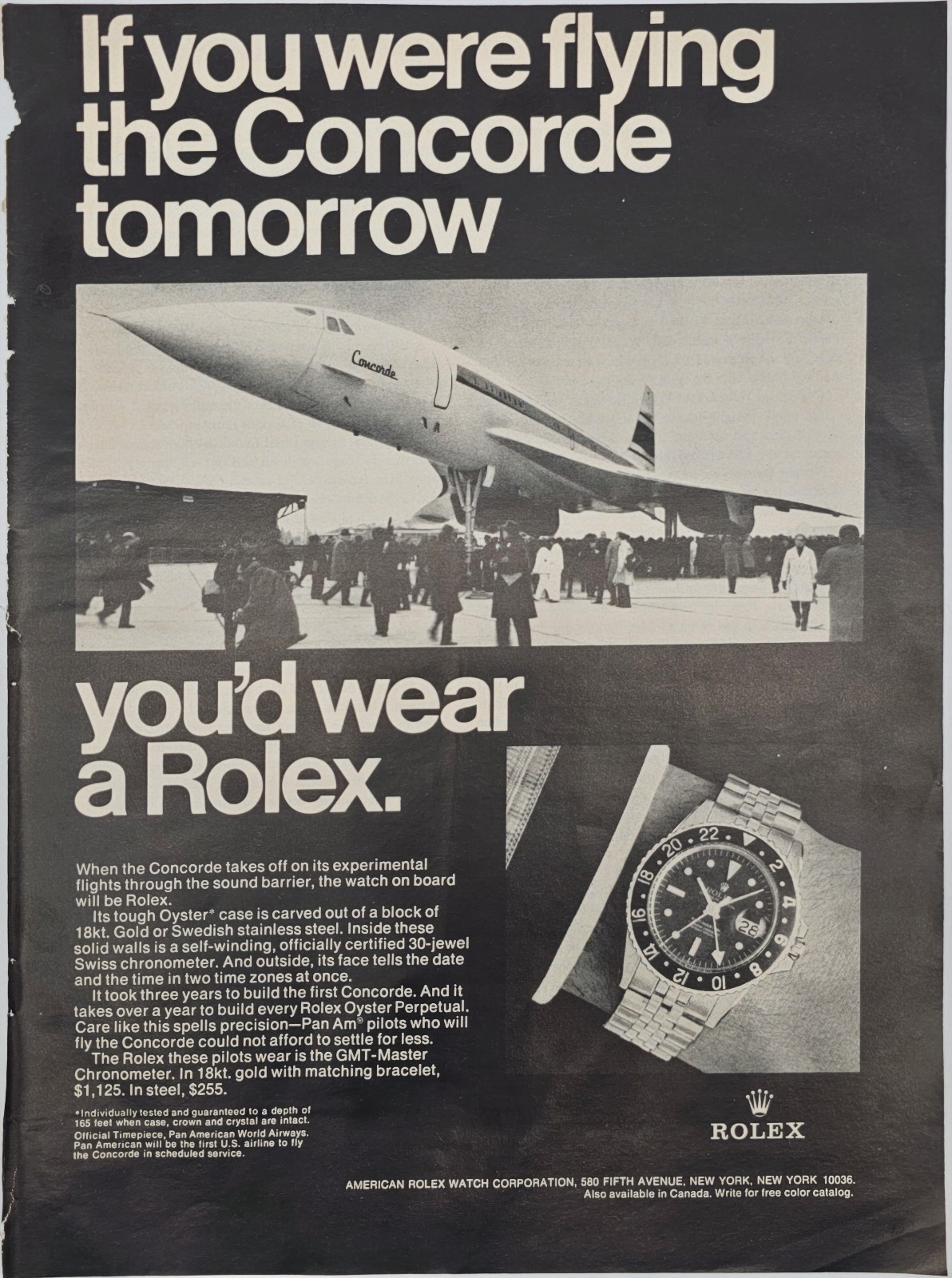 1970 Rolex Oyster GMT-Master Chronometer Concorde Plane Original Print Ad VTG