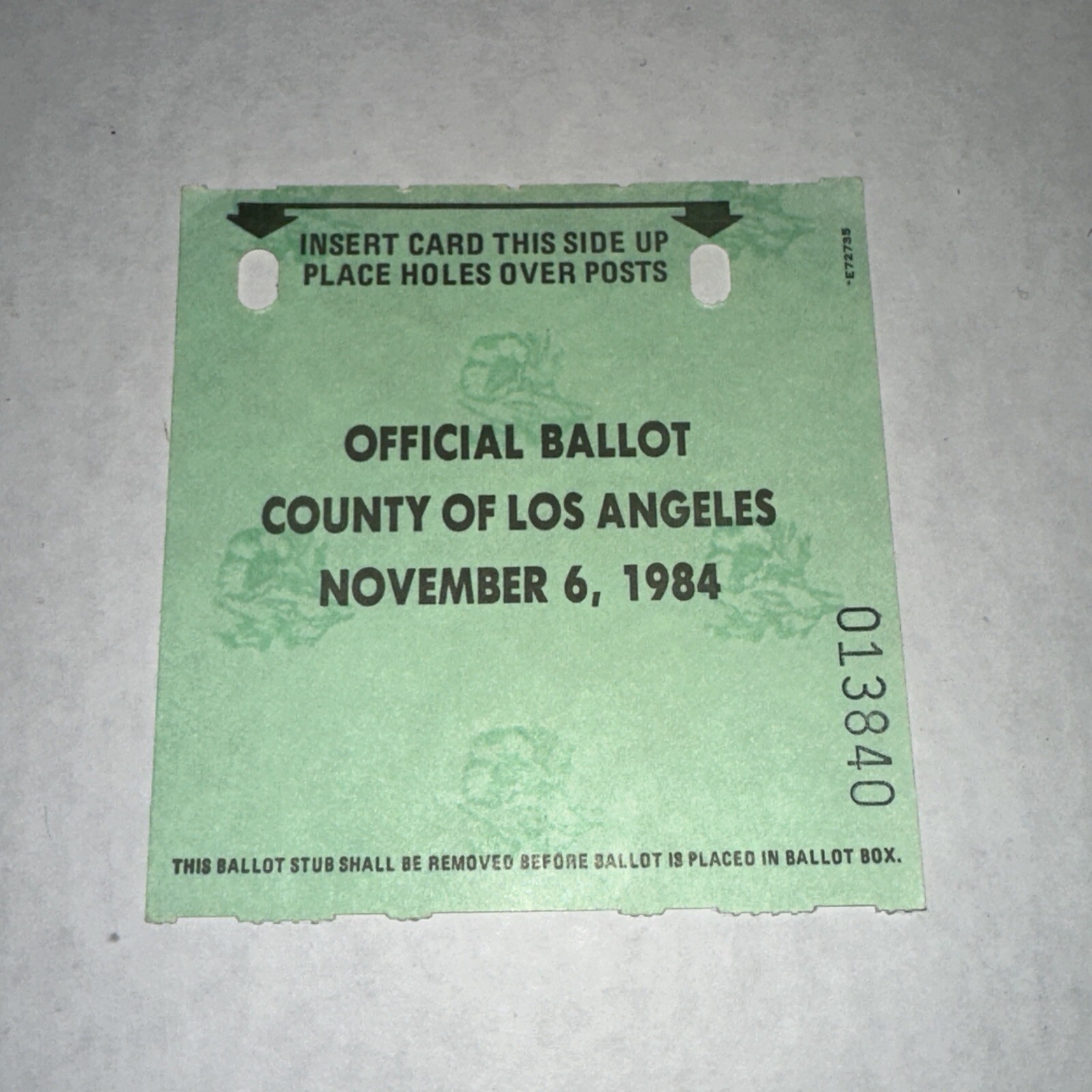 1984 Reagan Presidential Voting Official Ballot Los Angeles Ticket Stub 11/6/84