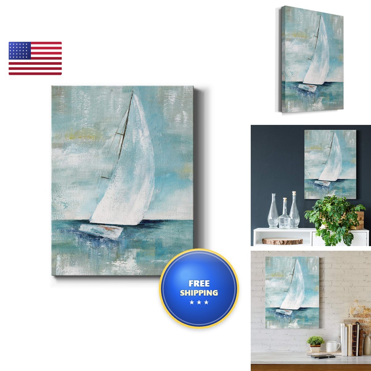 Renditions Gallery Canvas Nautical Wall Art White Blue Sail Boat 24x32 LT42