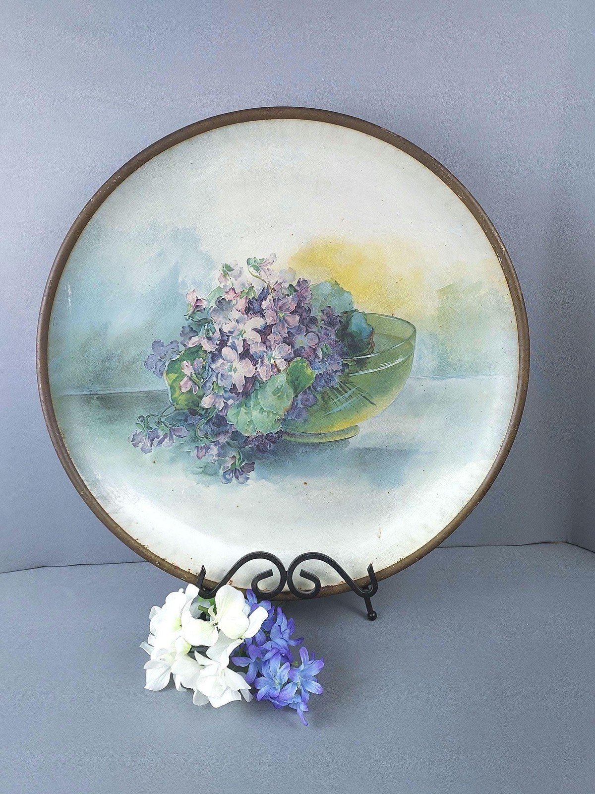 Antique Violets Lithograph Tin Charger, 1900s Floral Wall Plaque, Malt Ranier