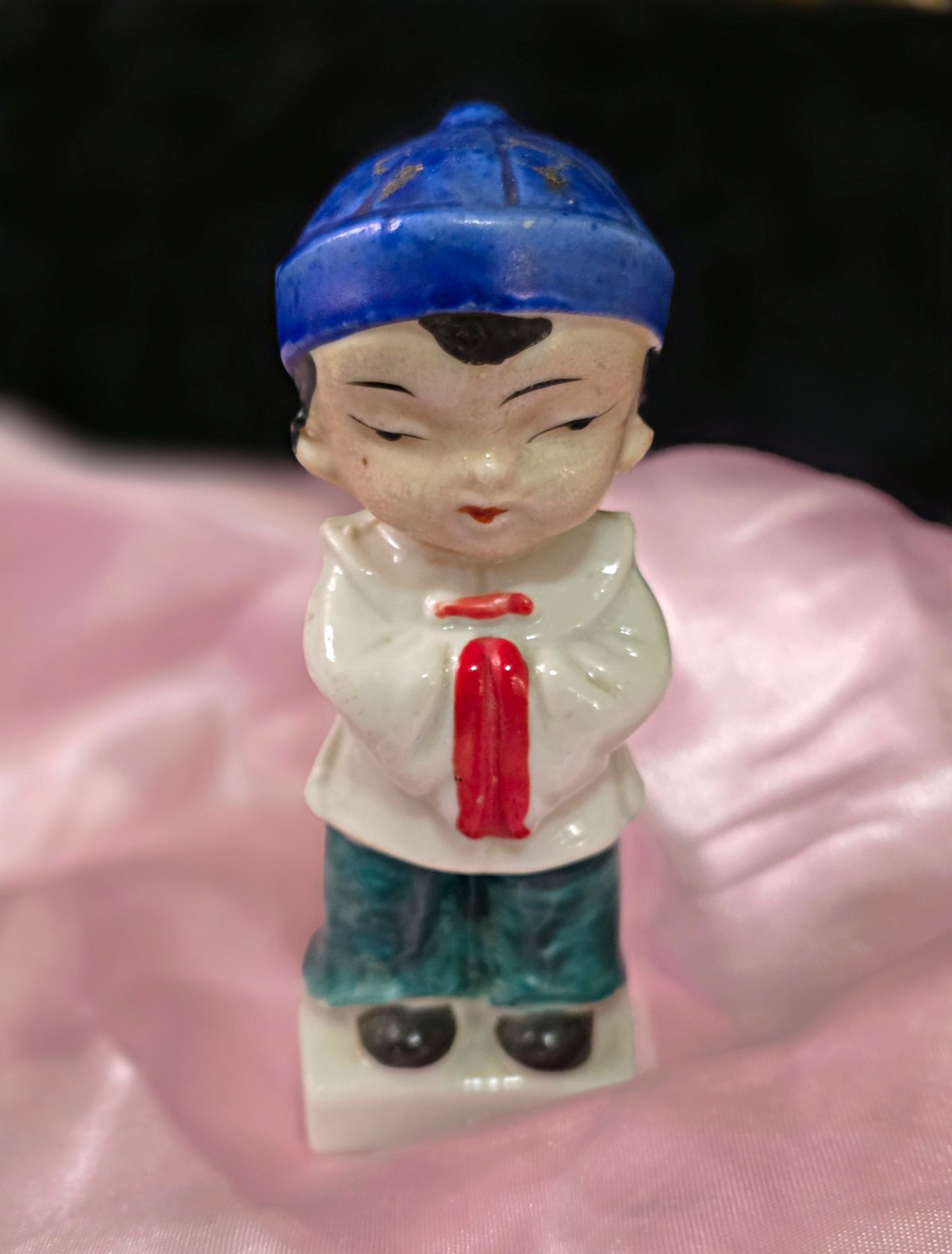 Japanese Vintage Ceramic Boy Figurine Statue, Blue Hat, White Shirt Green Pants