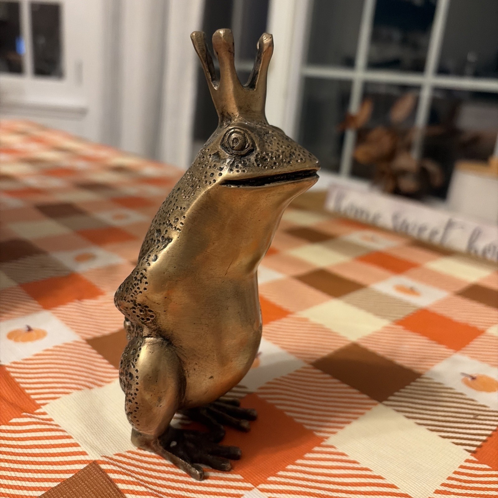 Solid Brass Frog Prince Figurine Statue 7” Tall 70's Vintage