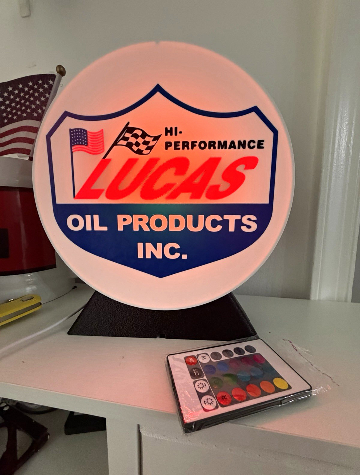 Lucas Oil Hi-Performance Gas & Oil Advertising Sign Lighted Round White Blue Red Lucas Oil Hi-Performance Gas & Oil Advertising Sign Lighted Round White Blue Red