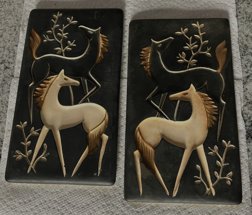 Vintage Napco Horse Chalkware Wall Hangings MCM Set of 2 1960'S Black