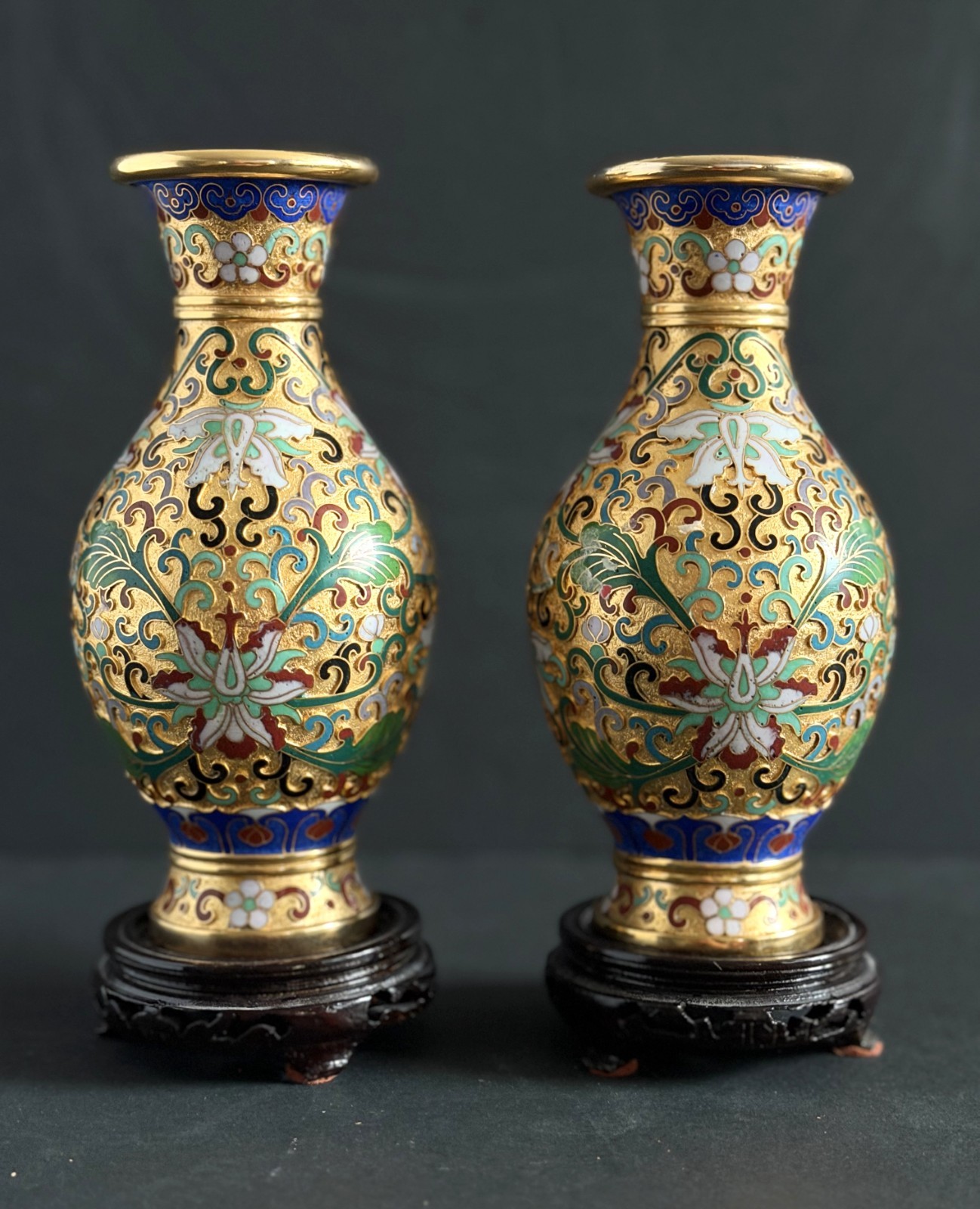 Pair Vintage Chinese Cloisonne Gilt Ground Floral Vases Matched Set Wood Stands Pair Vintage Chinese Cloisonne Gilt Ground Floral Vases Matched Set Wood Stands