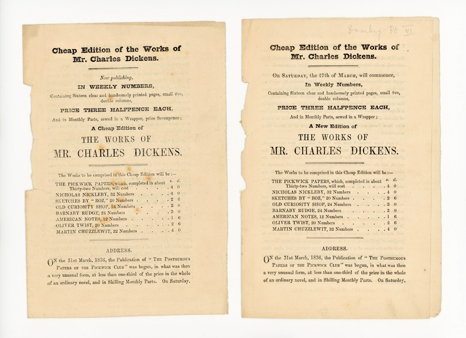 1847 Charles Dickens Cheap Edition Prospectuses Two Variant States Chapman