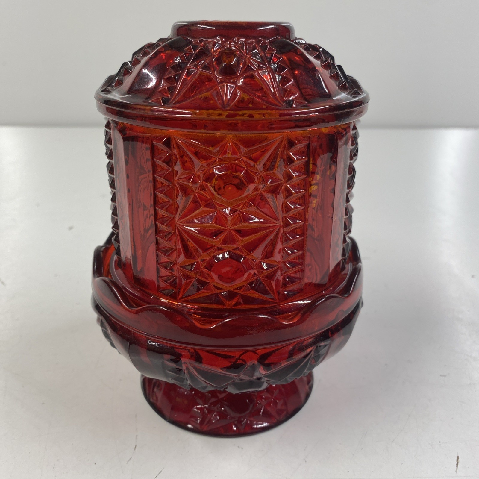 Vintage INDIANA GLASS Fairy Lamp Ruby Red Stars & Bars Large **MISSING SOME RED*