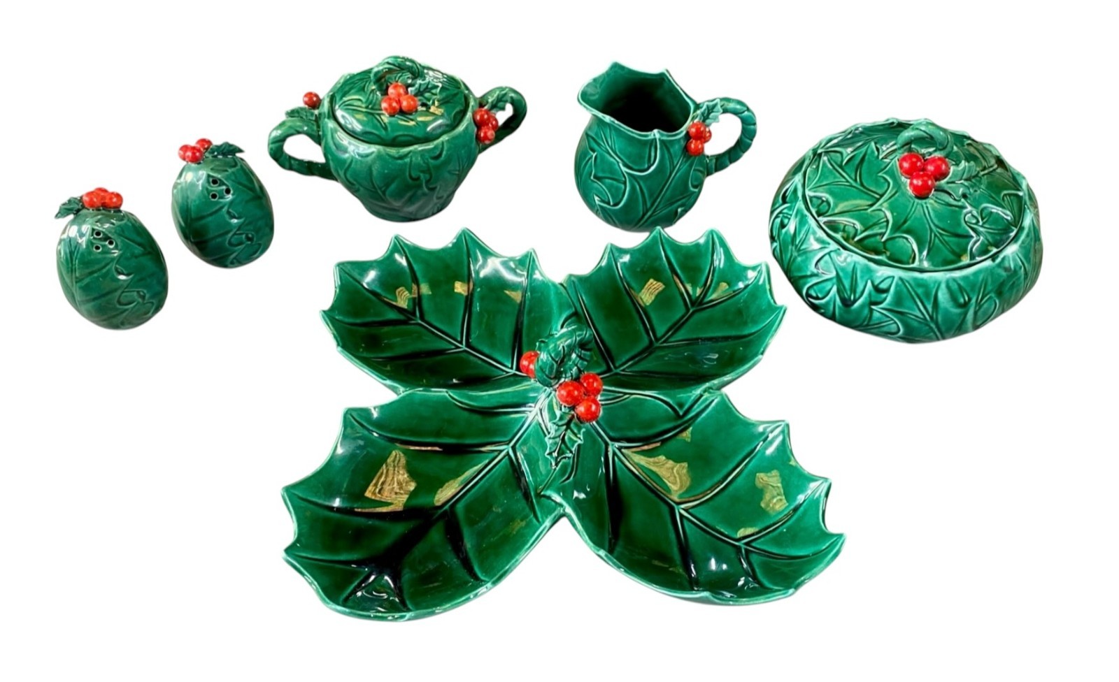 Lefton Vintage Holly Berry 5 Piece Holiday Set Japan MCM
