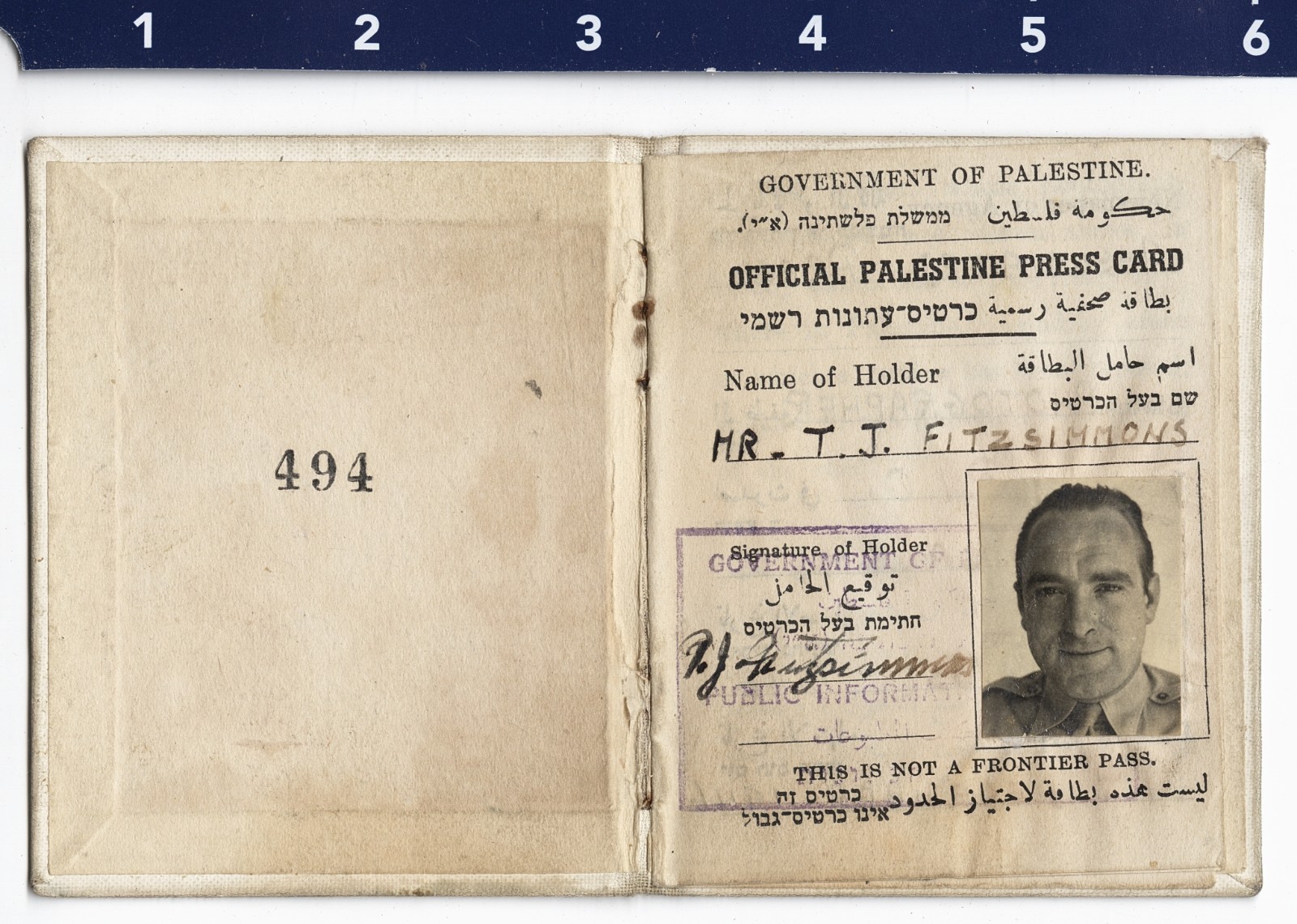 1946 Palestine Press Card for Associated Press Photographer Thomas Fitzsimmons 1946 Palestine Press Card for Associated Press Photographer Thomas Fitzsimmons